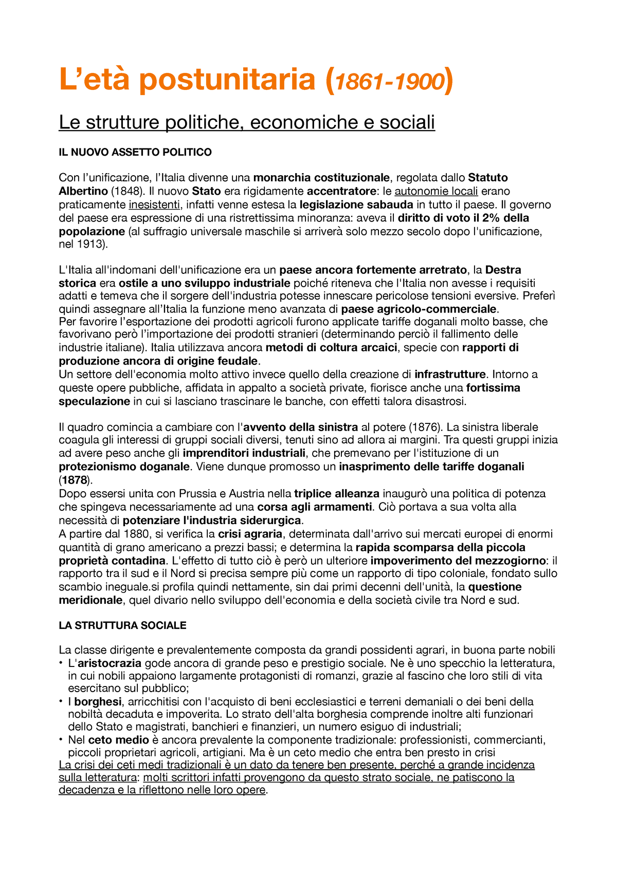 L'italia postunitaria dal 1861 al 1900 - 17 marzo Nasce ufficialmente il  Regno d'Italia. Il re - Studocu