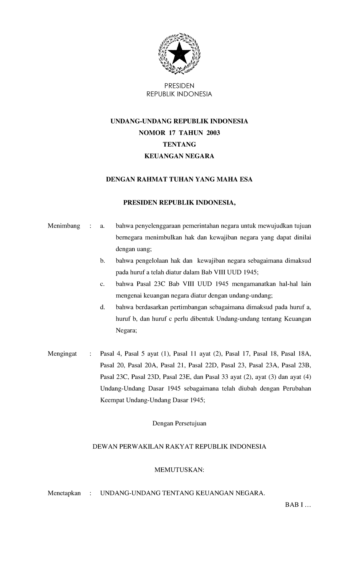 UU Nomor 17 Tahun 2003 - REPUBLIK INDONESIA UNDANG-UNDANG REPUBLIK ...