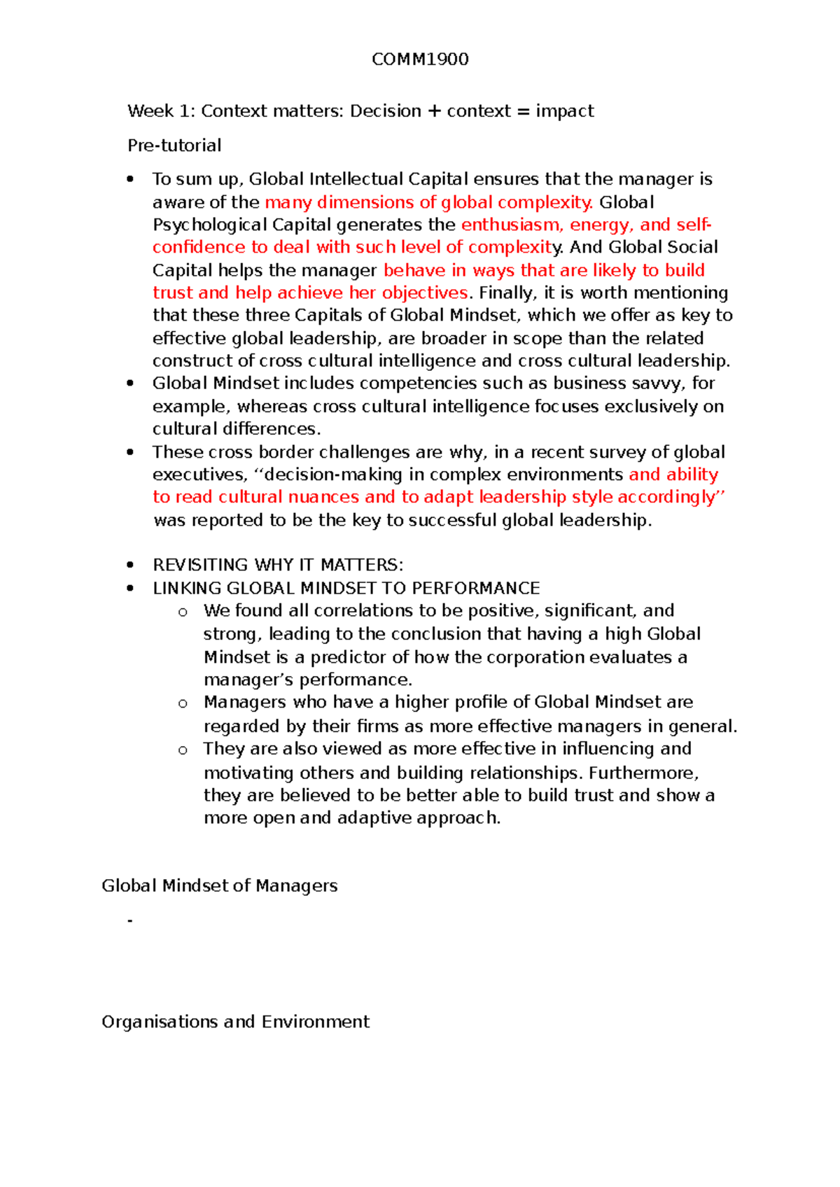 COMM1900 Notes - Week 1: Context matters: Decision + context = impact ...