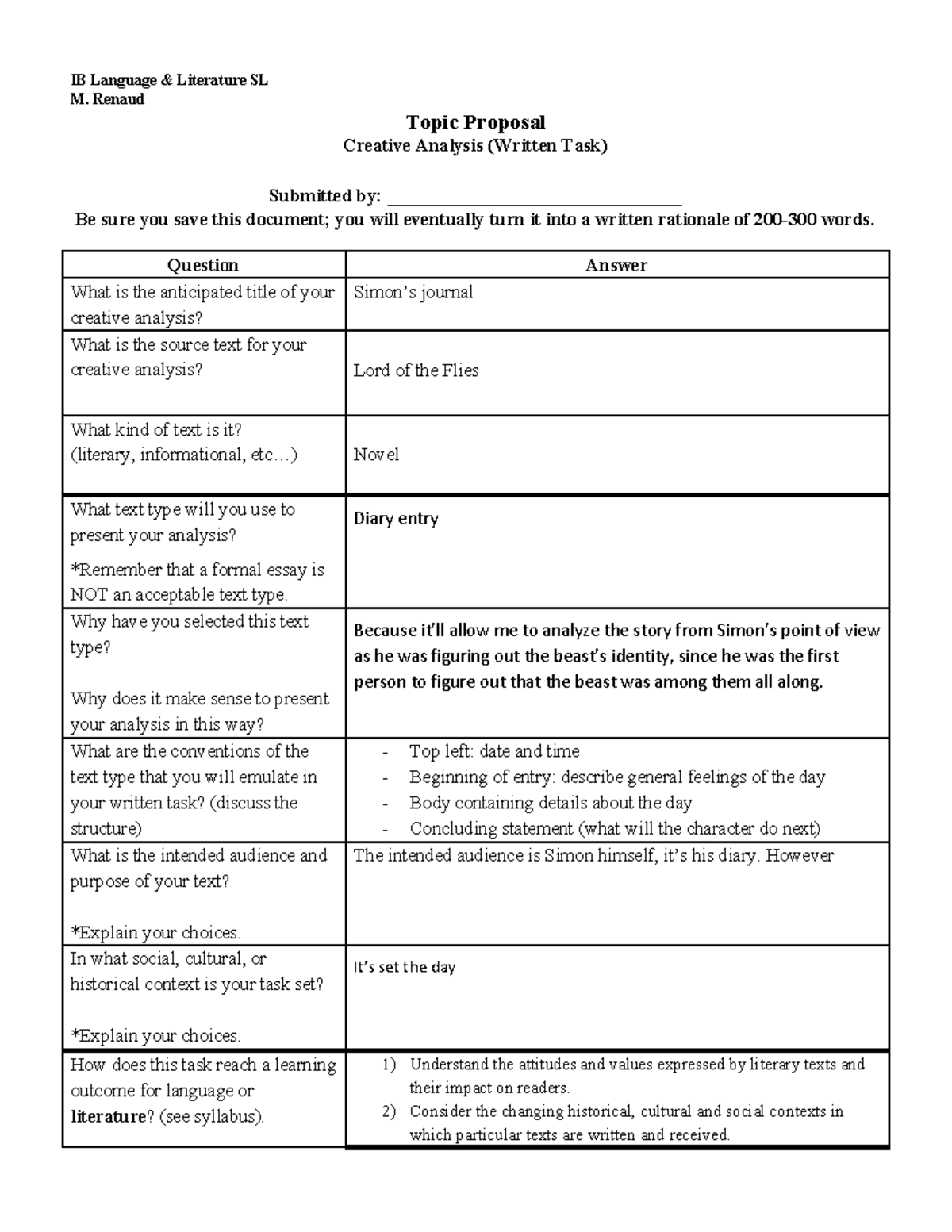 Written Task Topic Proposal Form LOTF 2020 - IB Language & Literature ...