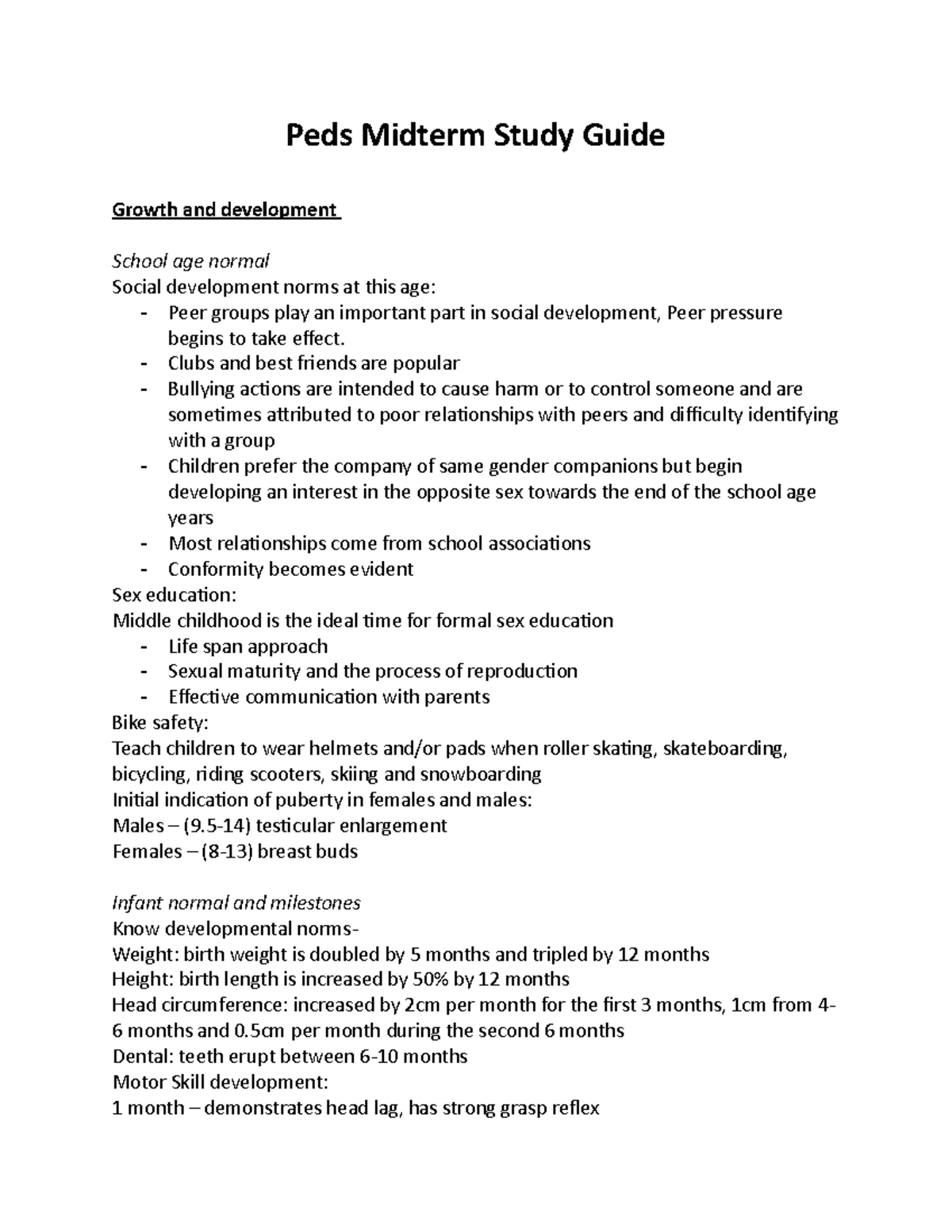 Peds Midterm Study Guide - Peds Midterm Study Guide Growth and ...