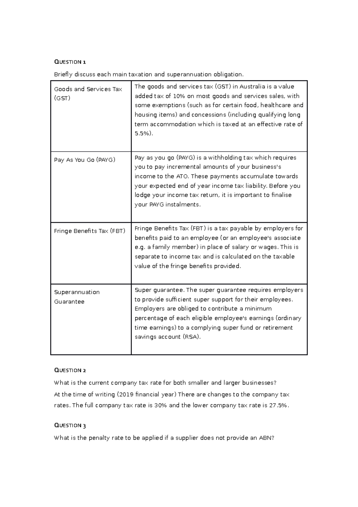 Bsbfia 402 1 - Grade: C - QUESTION 1 Briefly Discuss Each Main Taxation ...