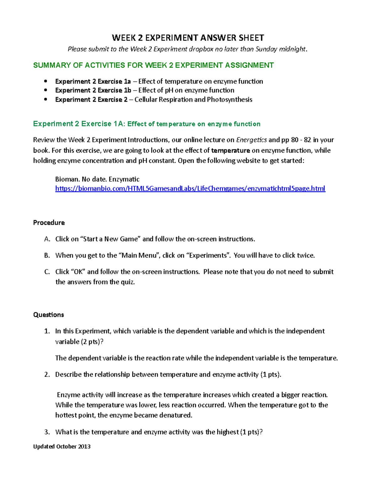 Week 2 Experiment - WEEK 2 EXPERIMENT ANSWER SHEET Please submit to the ...