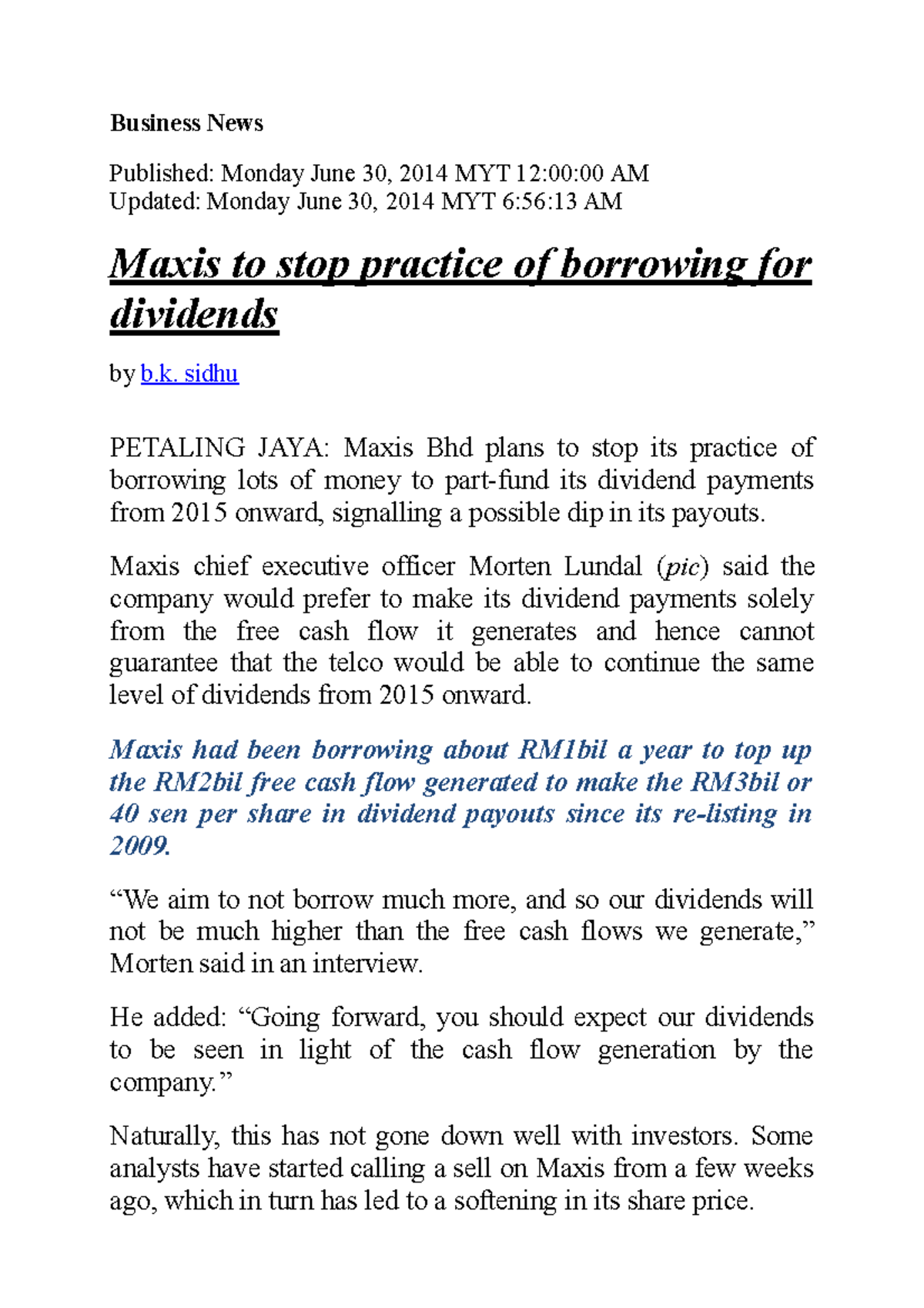 5. FINC7311 Maxis Berhad Dividend Issue - Business News Published ...