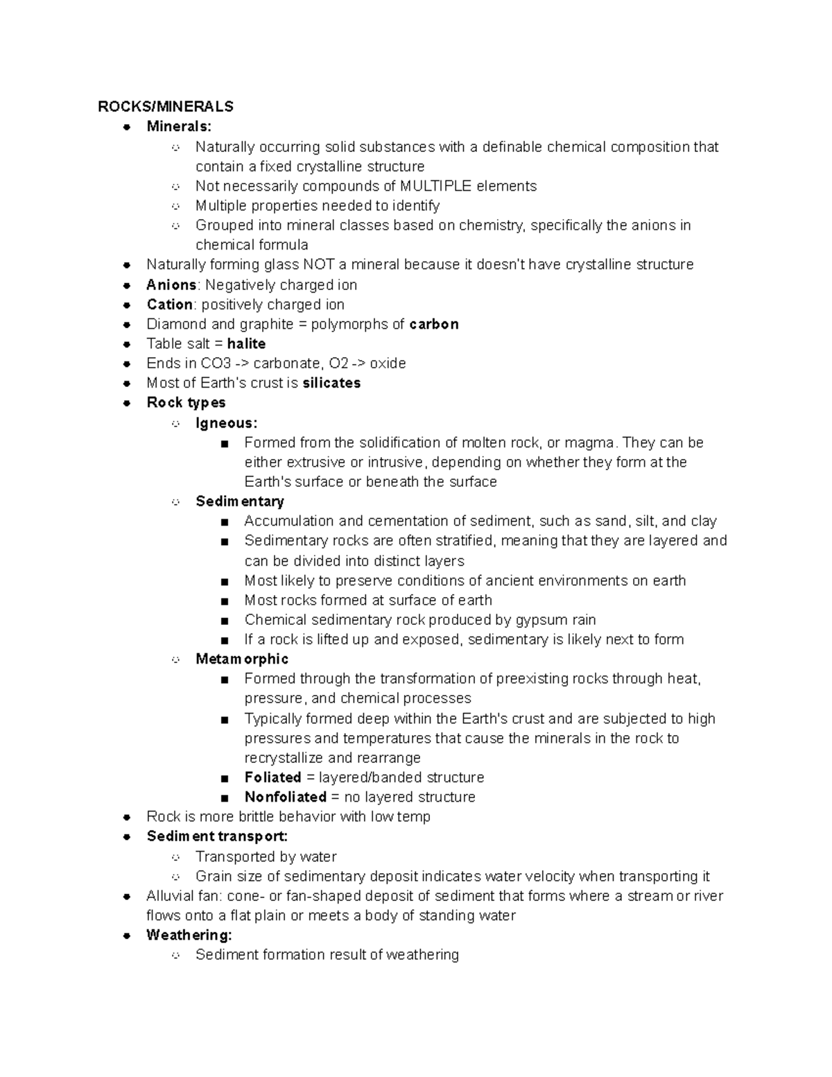 Final - Study guide I made based on materials - ROCKS/MINERALS Minerals ...