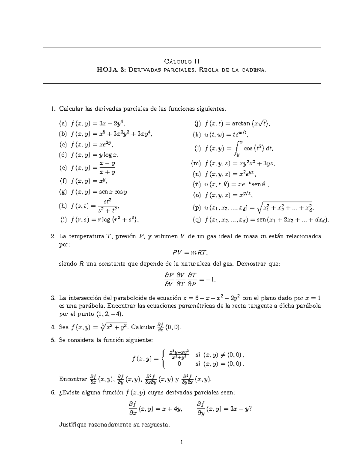 Apuntes Hoja 3 Derivadas Parciales Regla De La Cadena Studocu