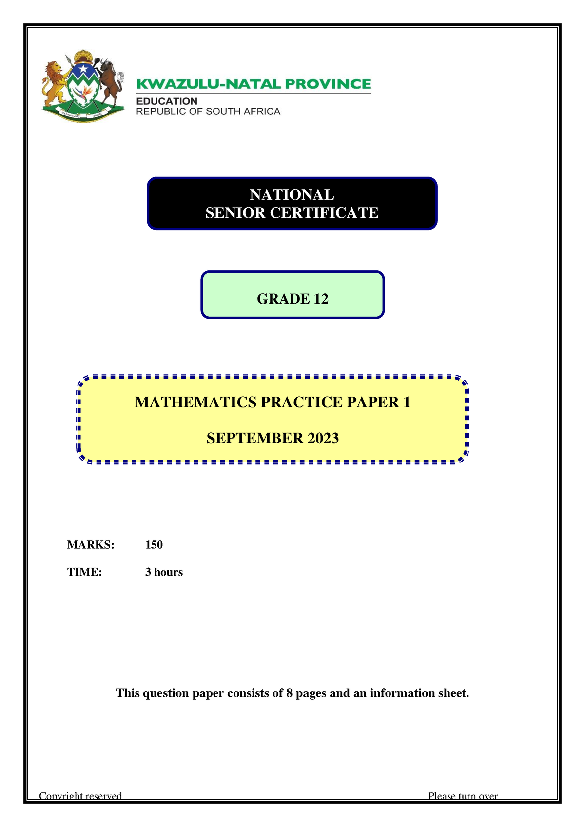 KZN Practice P1 Sept 2023 Gr. 12 Maths MARKS 150 TIME 3