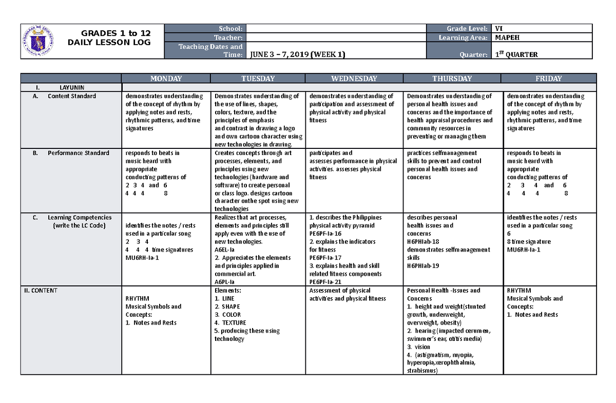 DLL Mapeh 6 Q1 W1 Teaching GRADES 1 to 12 DAILY LESSON LOG School