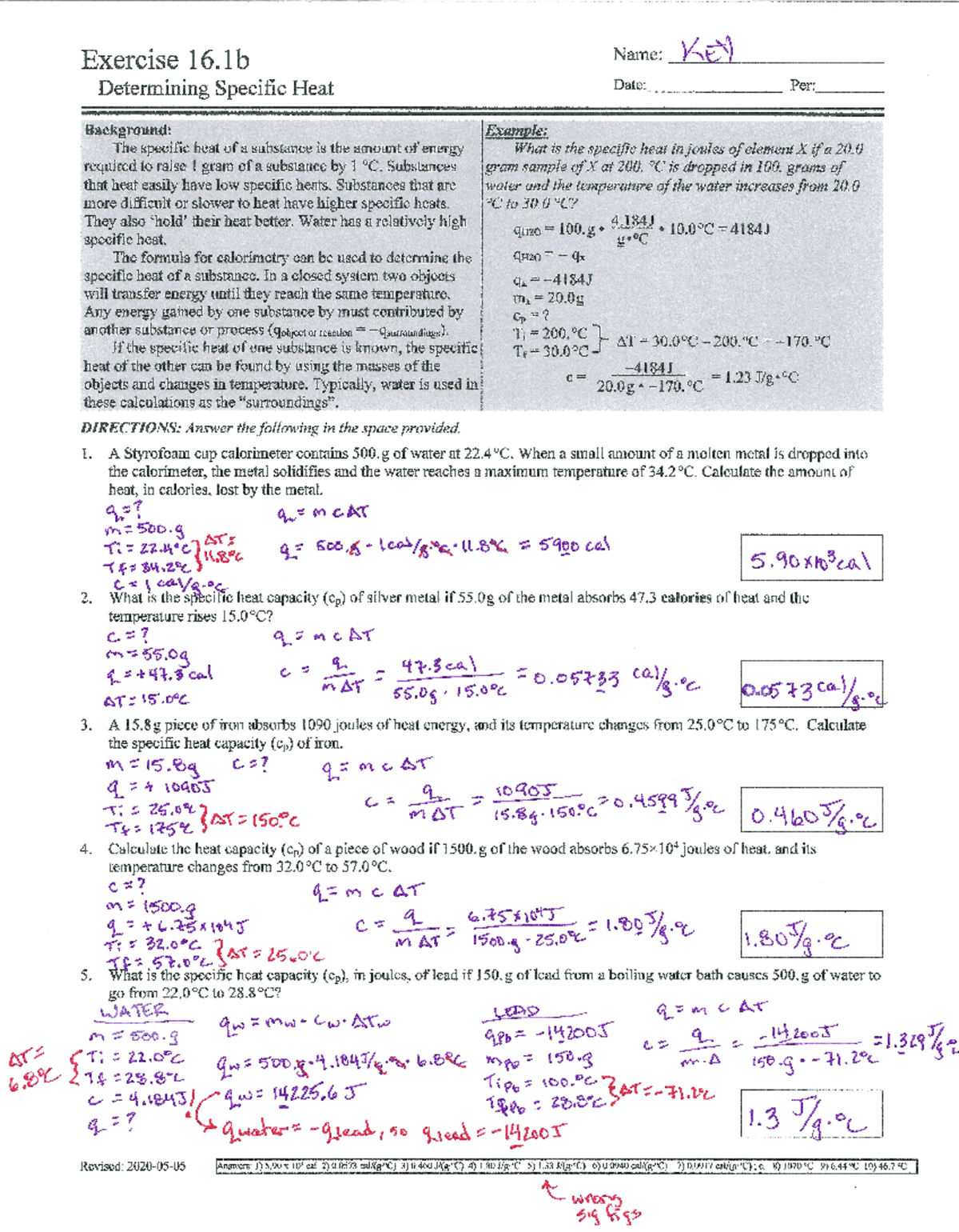Exercise 16 - Practice - Exercise 16 Name: KEY Determining Specific ...