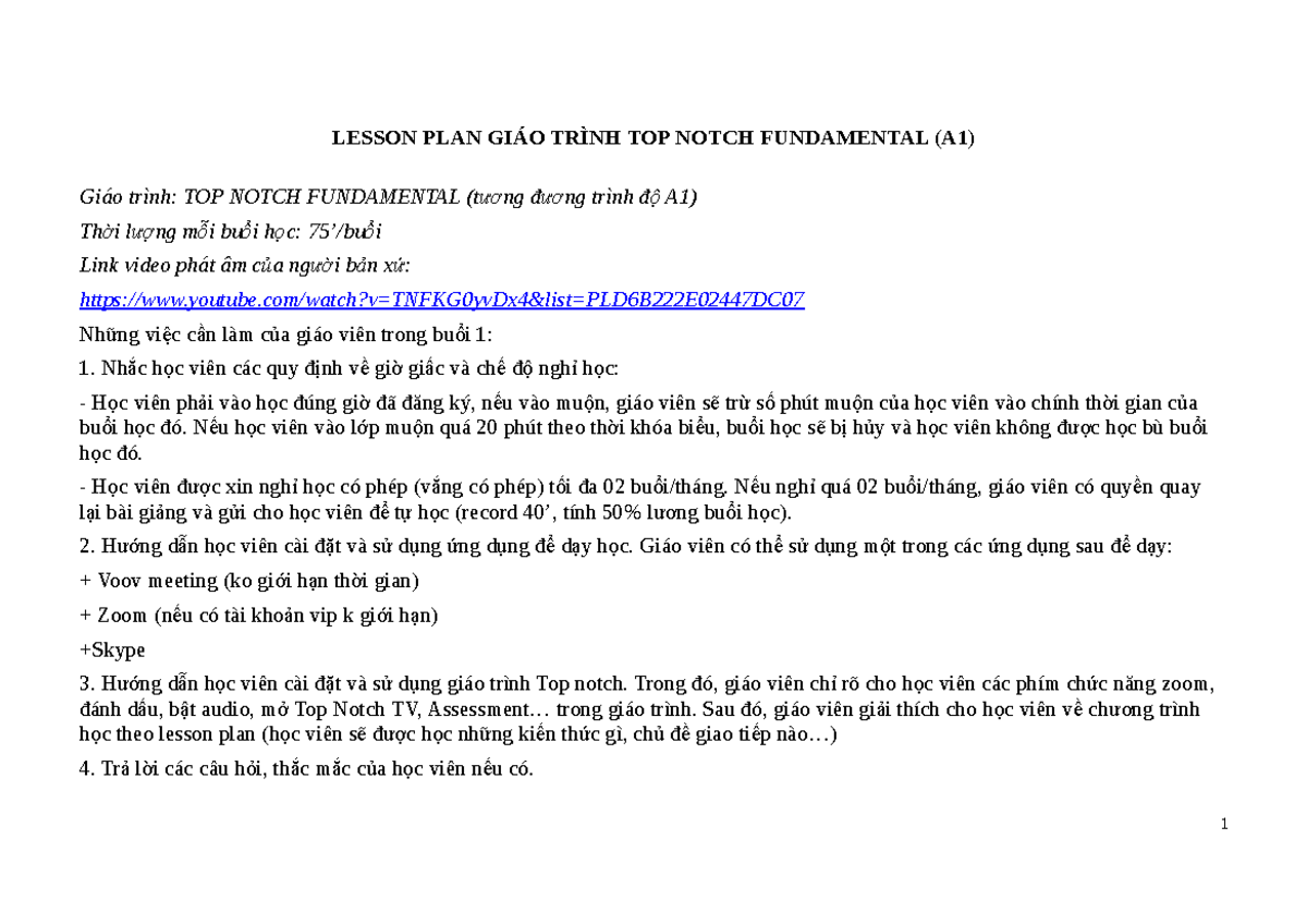 Lesson plan Top Notch Fundamental (A1) LESSON PLAN GIÁO TRÌNH TOP
