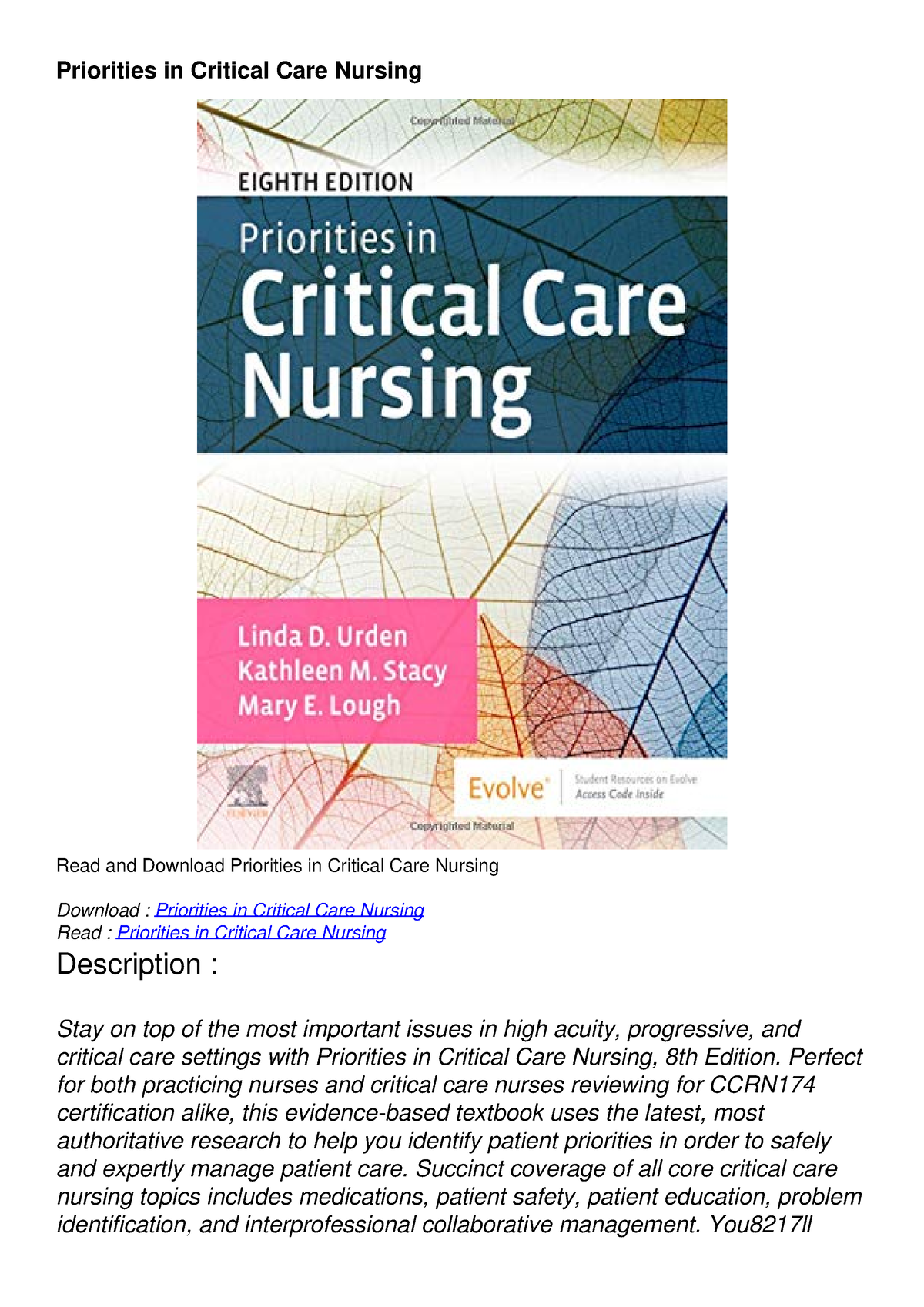 priorities in critical care nursing 8th edition free pdf