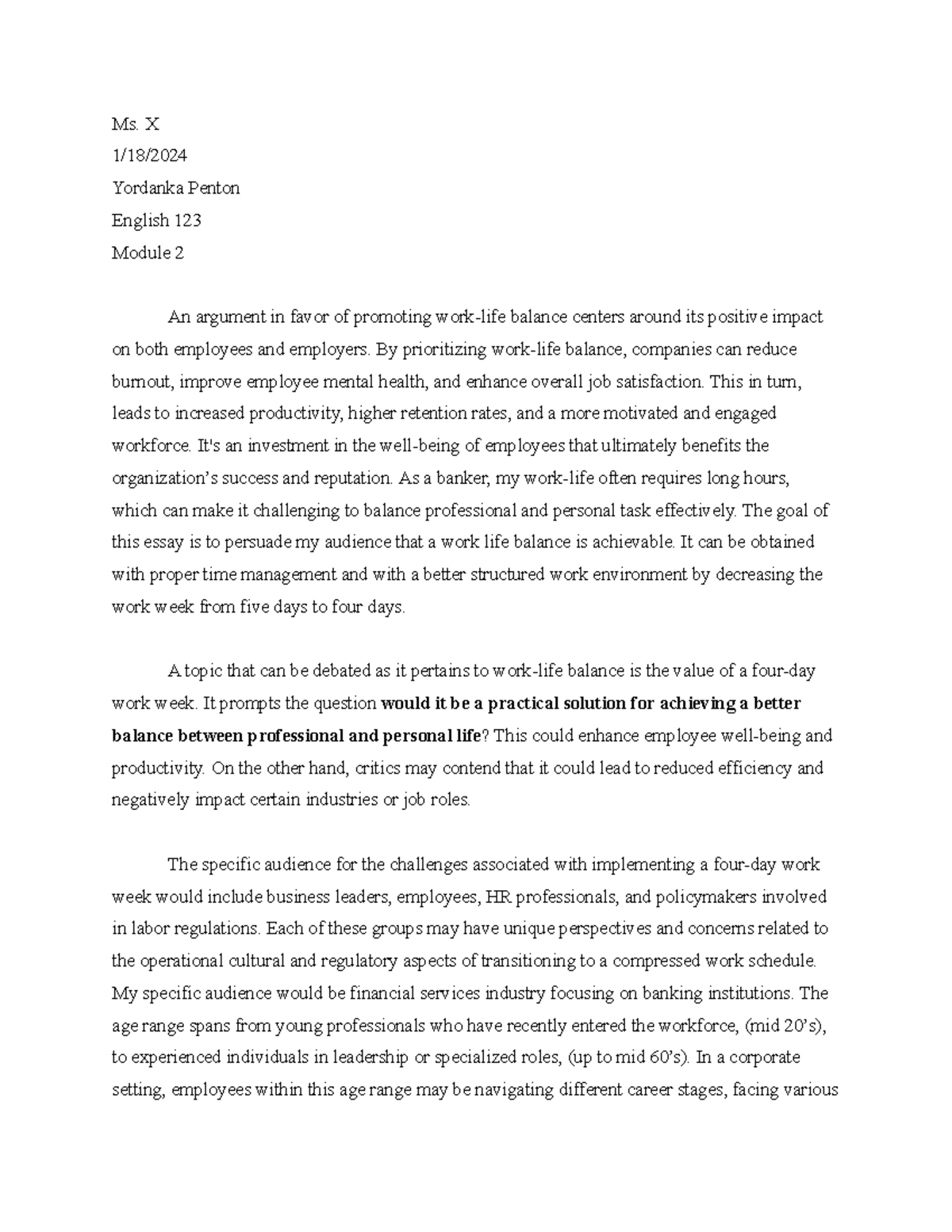 Work life balance Persuasive Essay English 123 - Ms. X 1/18/ Yordanka ...