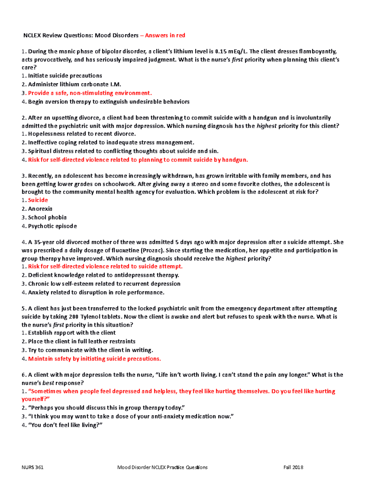 Mental Health Scale by Numbers 1-10 2019 - NCLEX Quiz