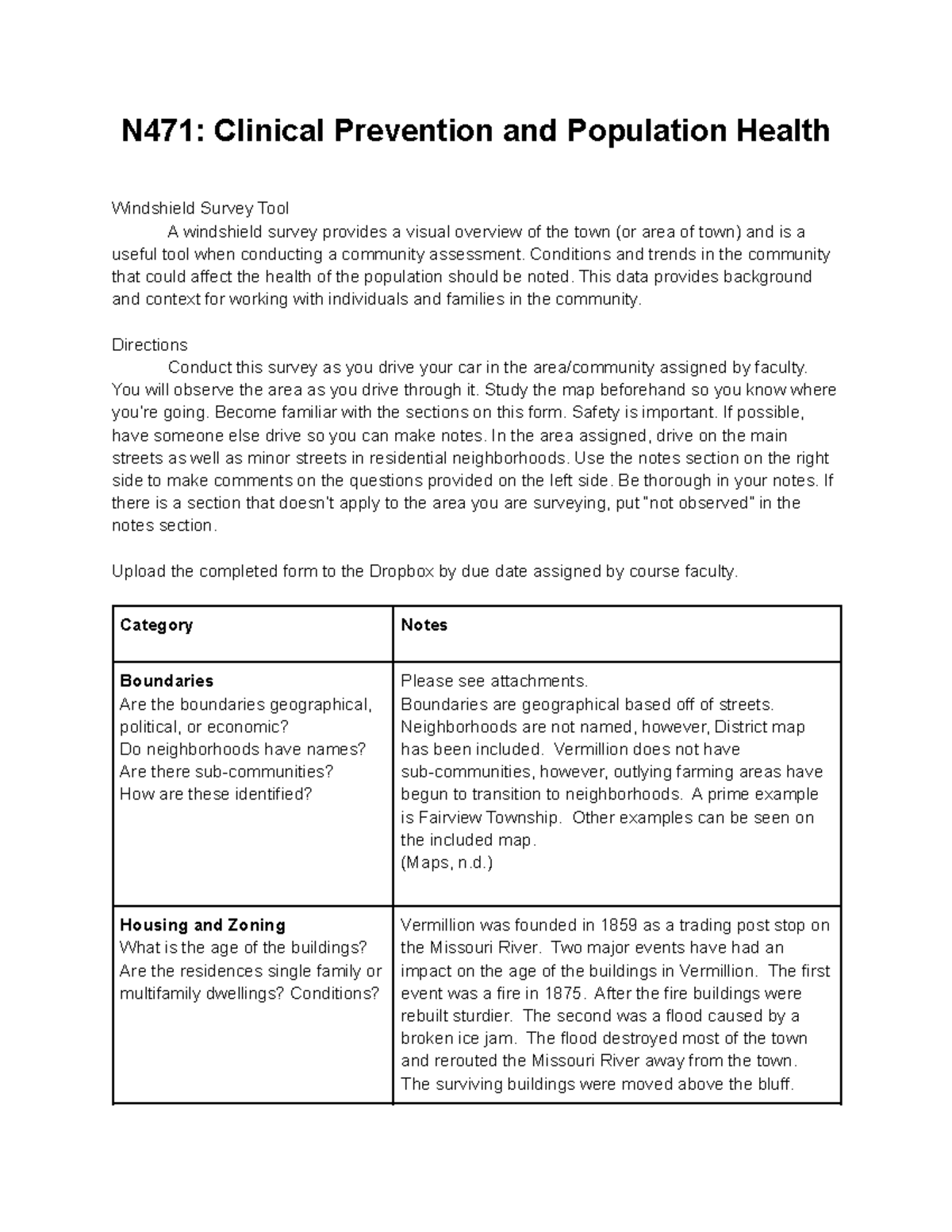 Copy of Windshield Survey N471 Clinical Prevention and Population