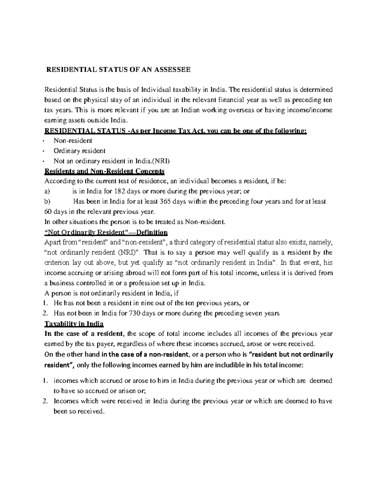 Residential Status OF AN Assessee RESIDENTIAL STATUS OF AN ASSESSEE
