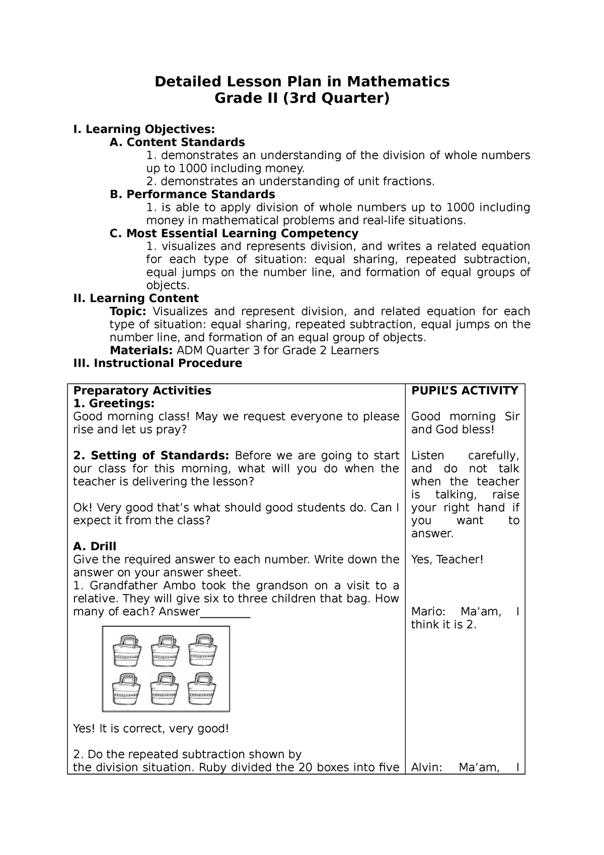 Detailed Lesson PLAN Grade 2 MATH 3 Rdquarter Detailed Lesson Plan 