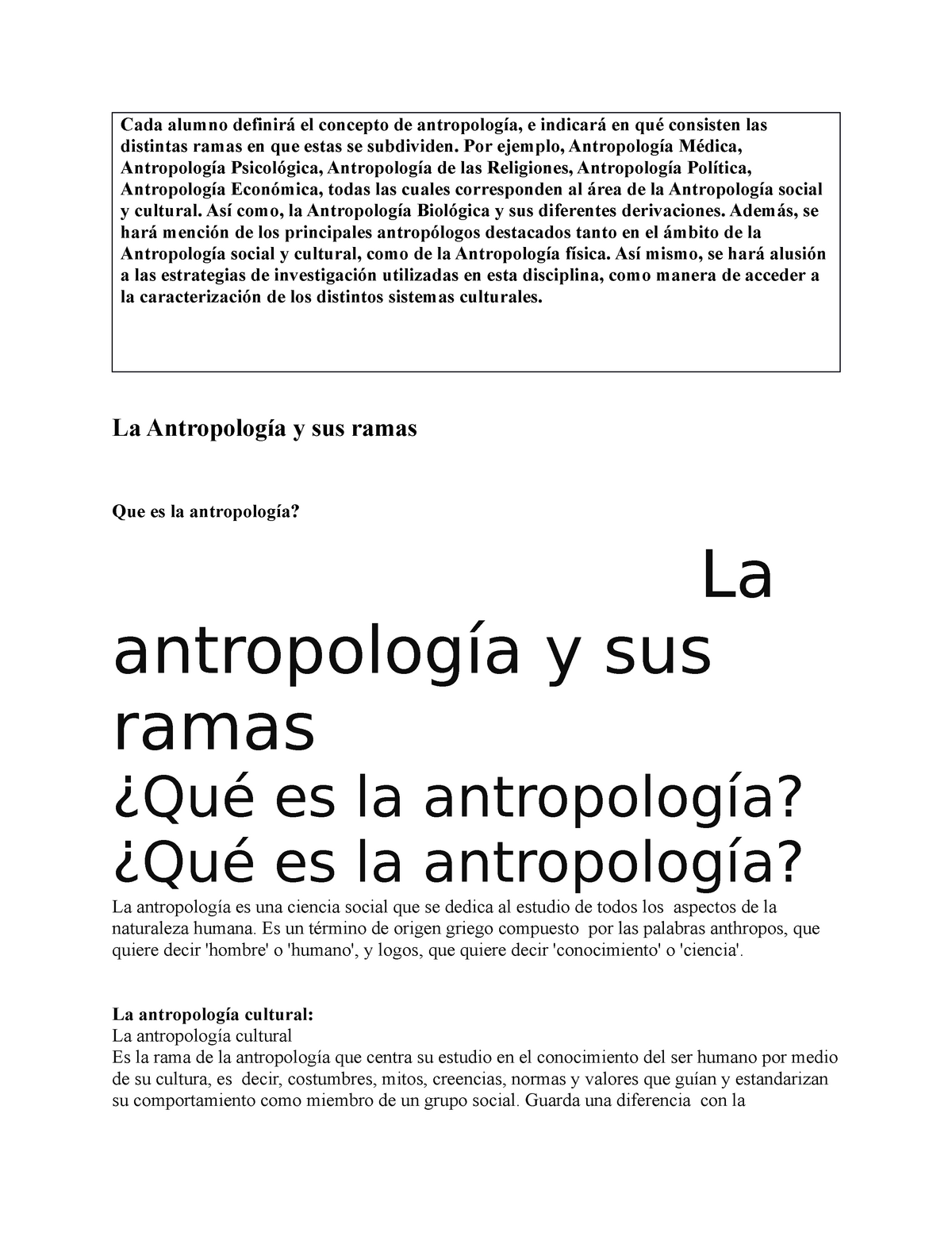 Whitney silueta Giotto Dibondon La antropologia y sus ramas - Cada alumno definirá el concepto de  antropología, e indicará en qué - Studocu