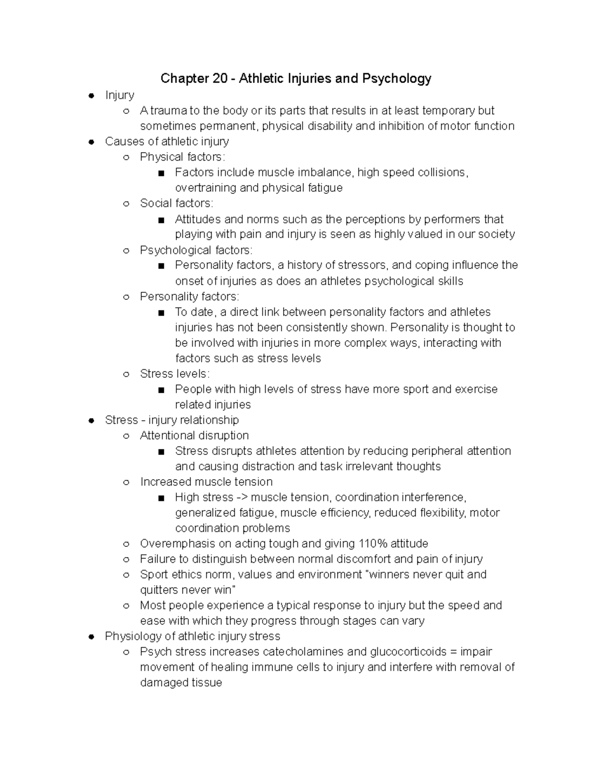 Chapter 20 Athletic Injuries and Psychology Lecture Notes Chapter