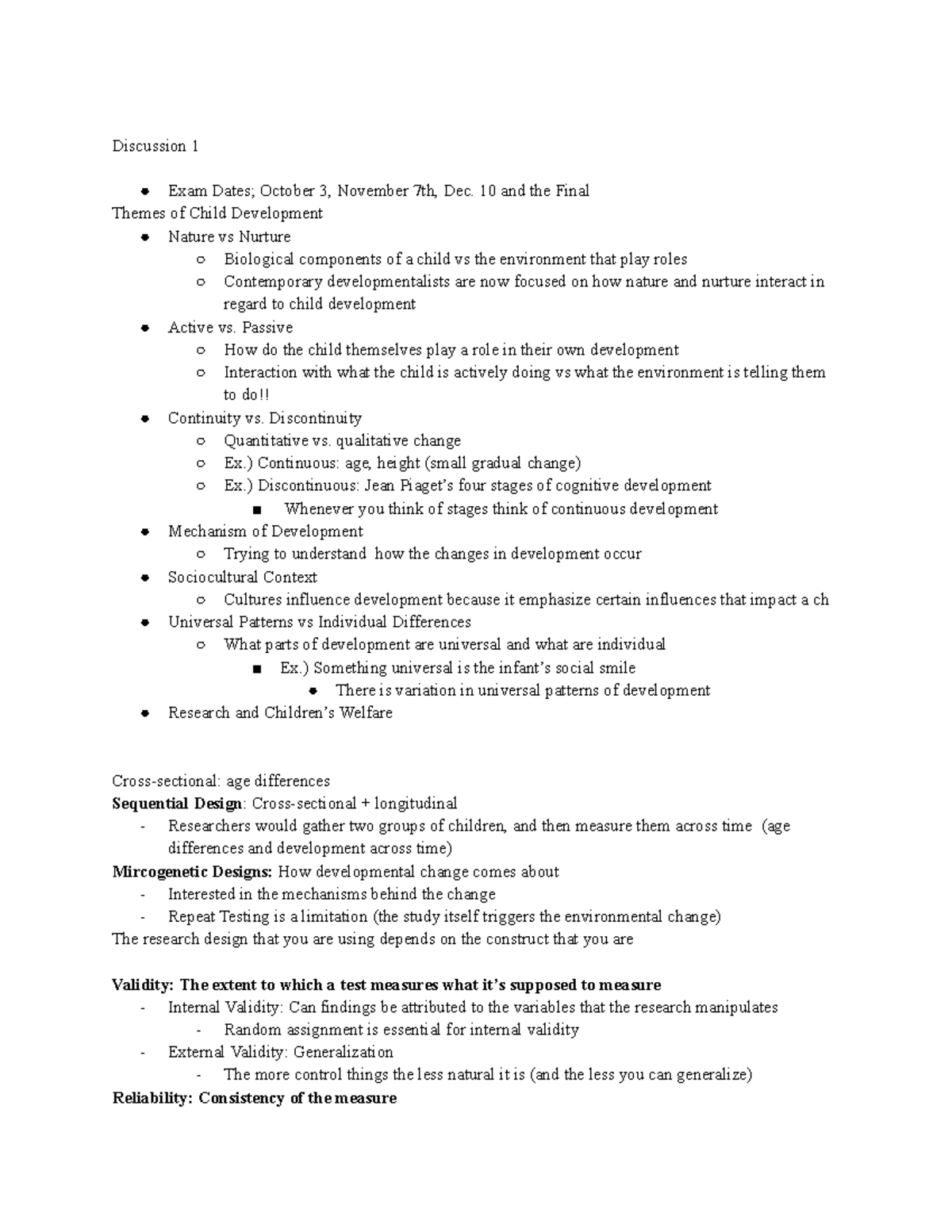 PSYCH 1 Discussion Notes - Discussion 1 Exam Dates; October 3, November ...