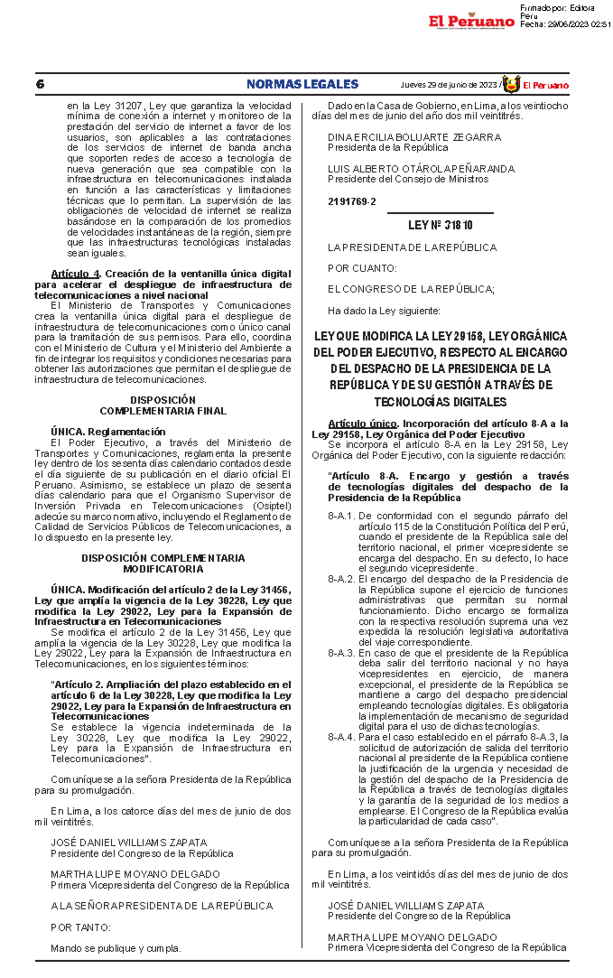 Ley que modifica la ley 29158 ley organica del poder ejecut ley n 31810 ...