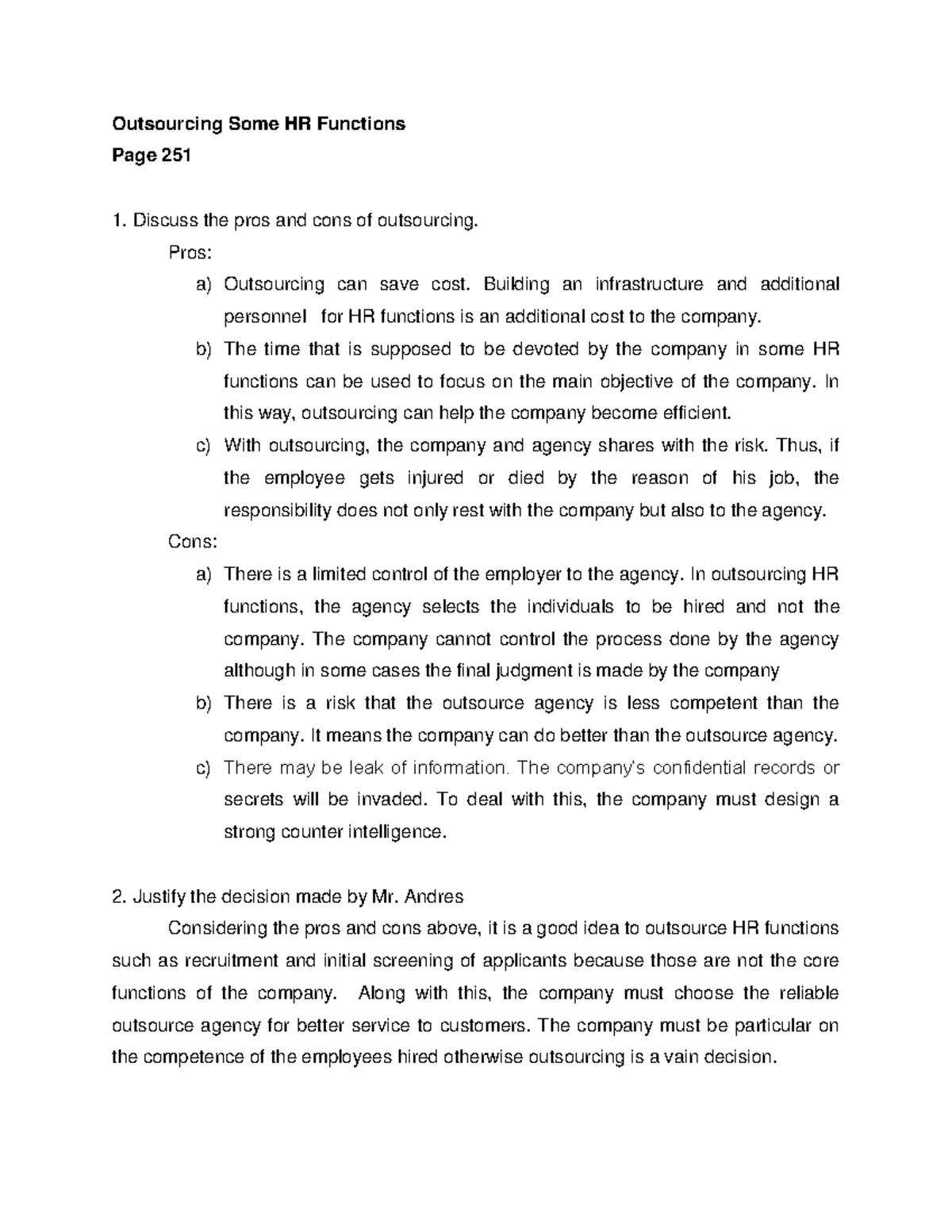 Case study 6-2 - Outsourcing Some HR Functions Page 251 Discuss the ...