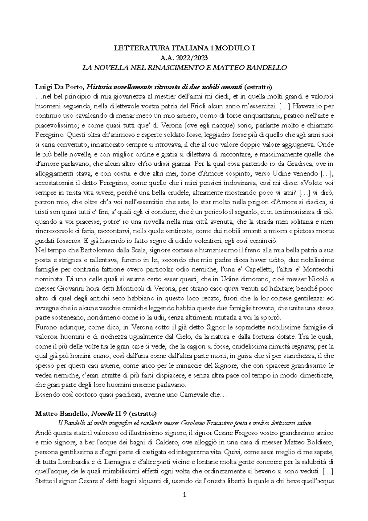 Letteratura Italiana 1 MOD. I La novella e Bandello LETTERATURA