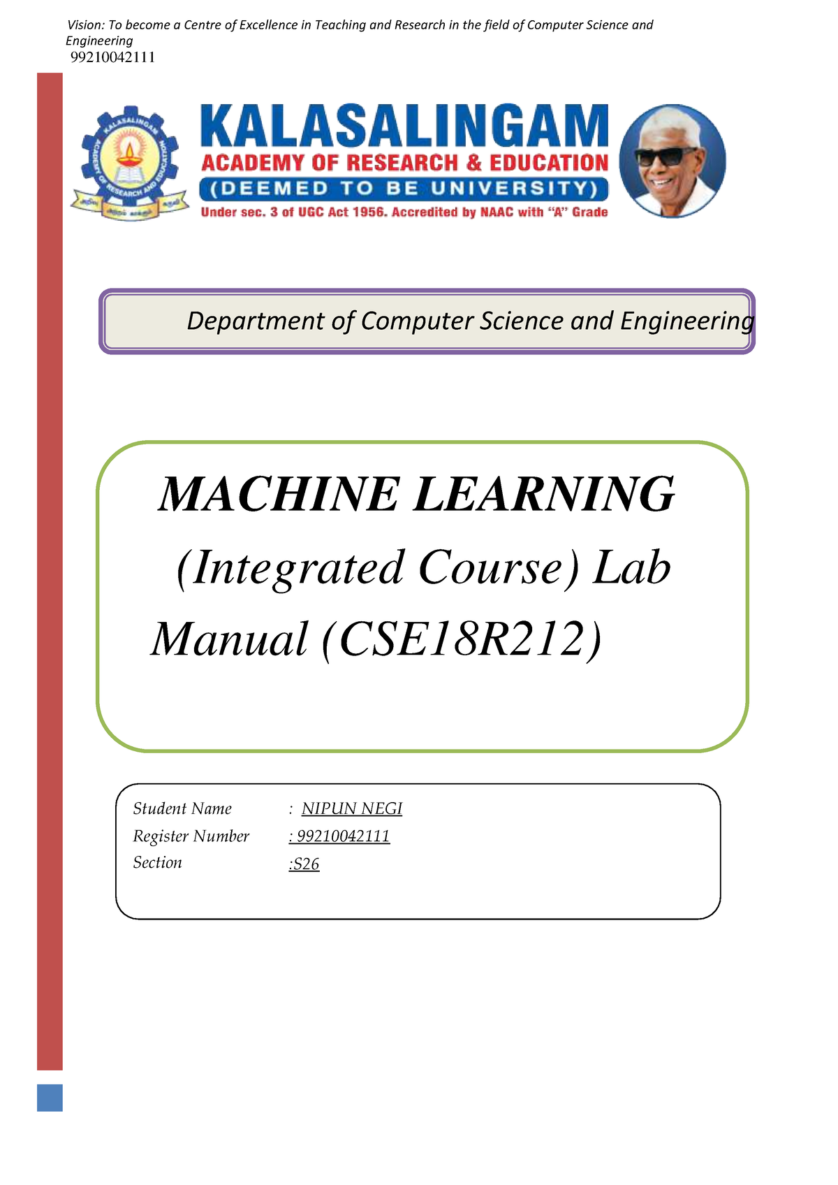 Machine Learning Lab Manual Engineering 99210042111 Department of