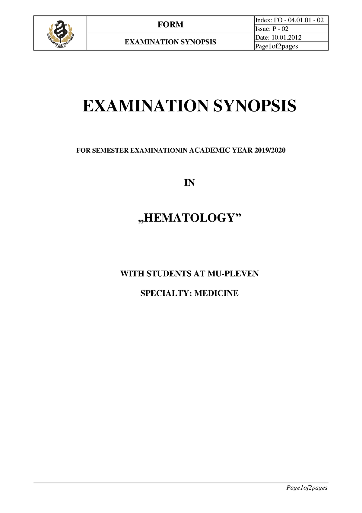 Examination synopsis Hematology - FORM Index: FO - 04.01 - 02 Issue: P ...