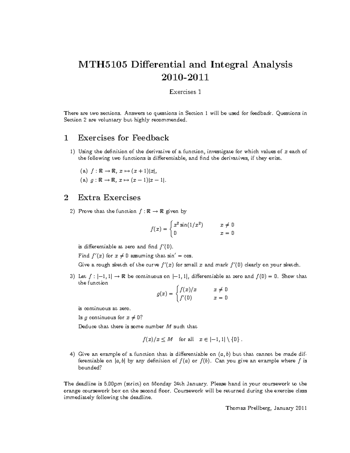 Coursework 01 Questions MTH5105 Differential and Integral Analysis