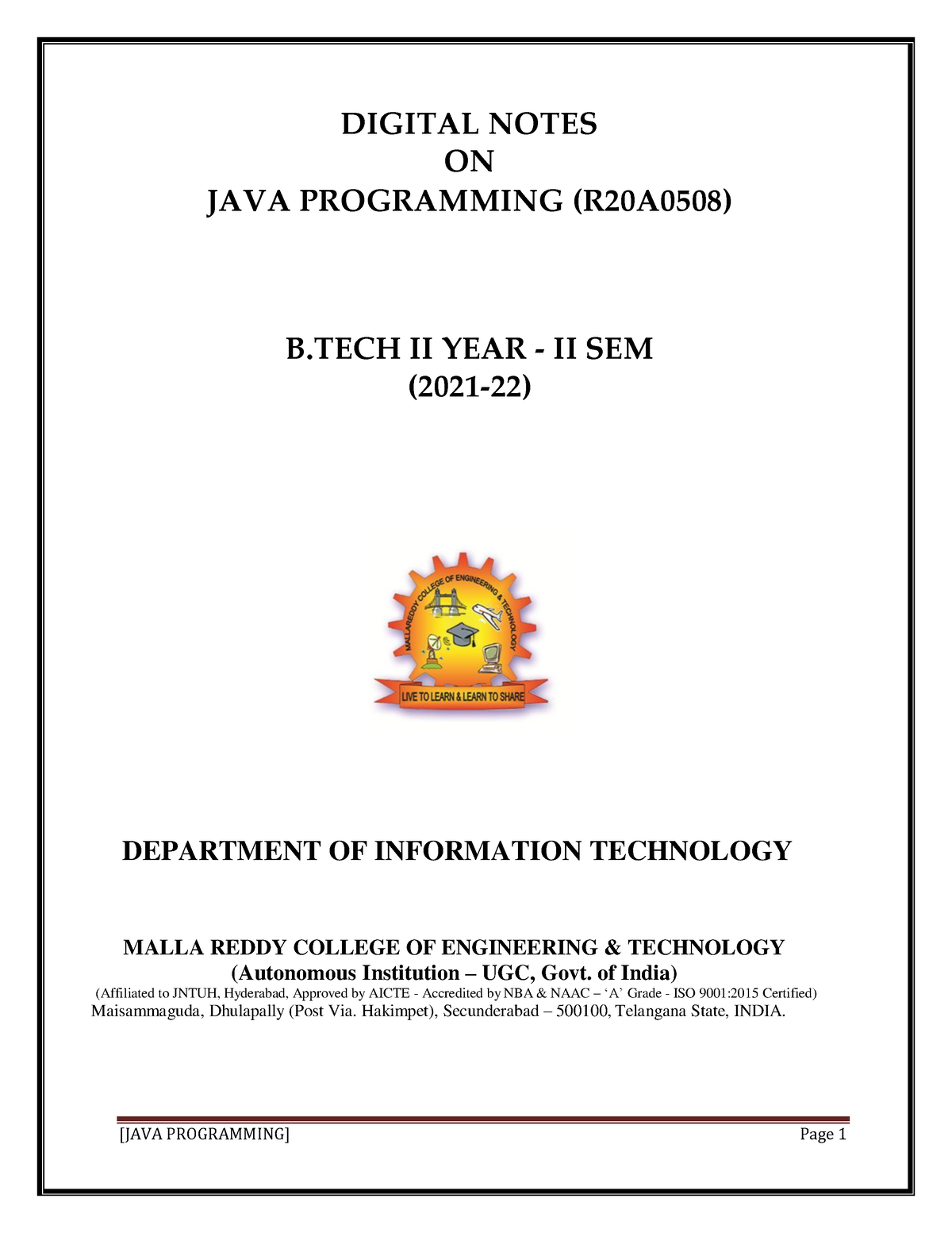 JAVA Programming - DIGITAL NOTES ON JAVA PROGRAMMING (R20A0508) B II ...