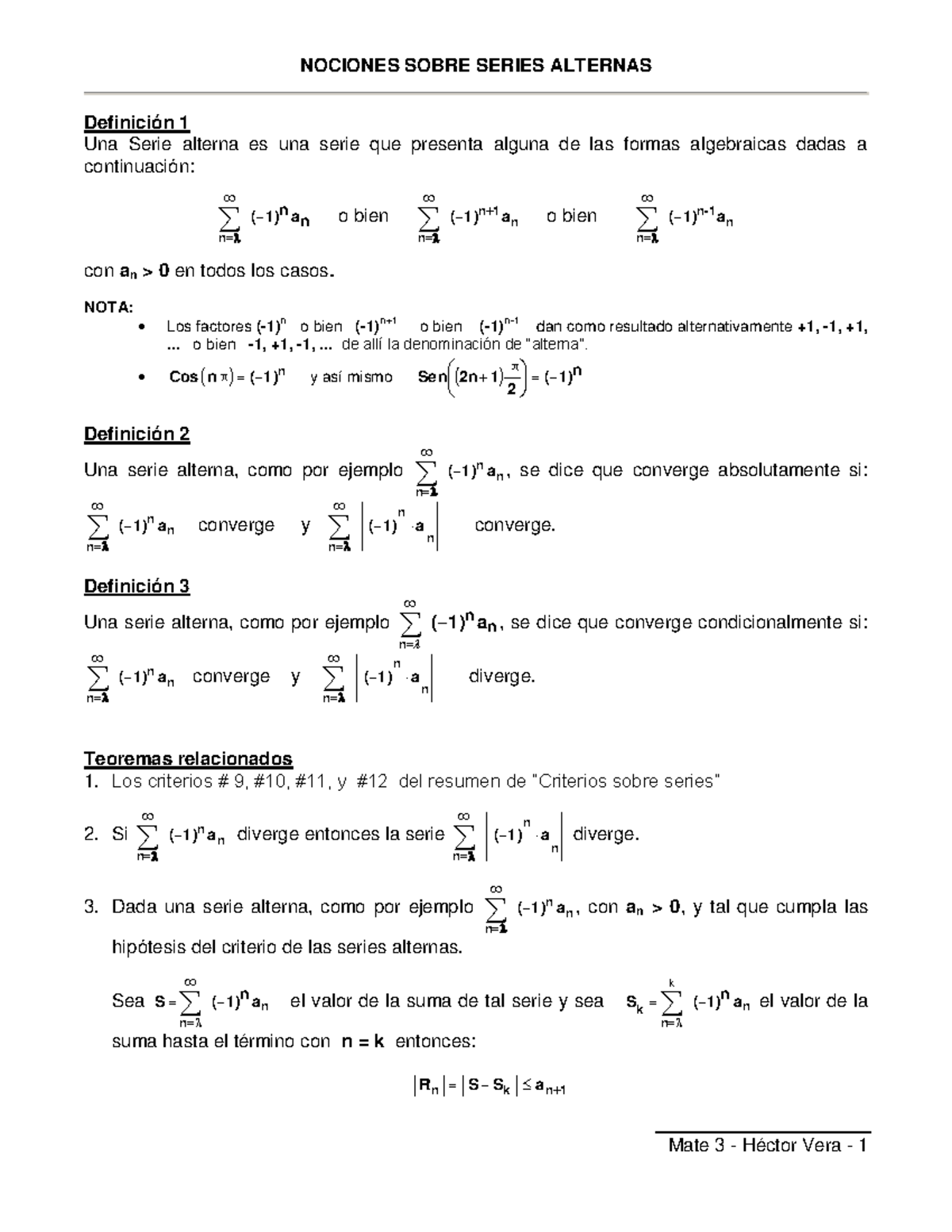 Resumen Series Alternas -Converg abs y cond) 2 - NOCIONES SOBRE SERIES ...