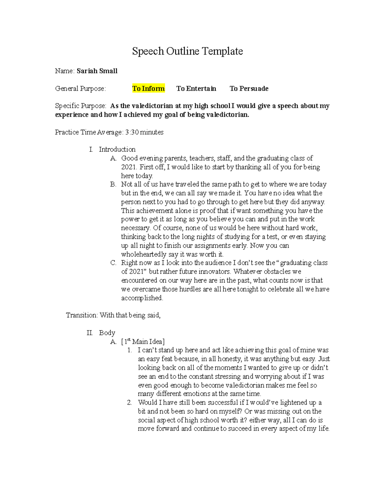 Special Occasion Speech Outline Template Speech Outline Template Name 