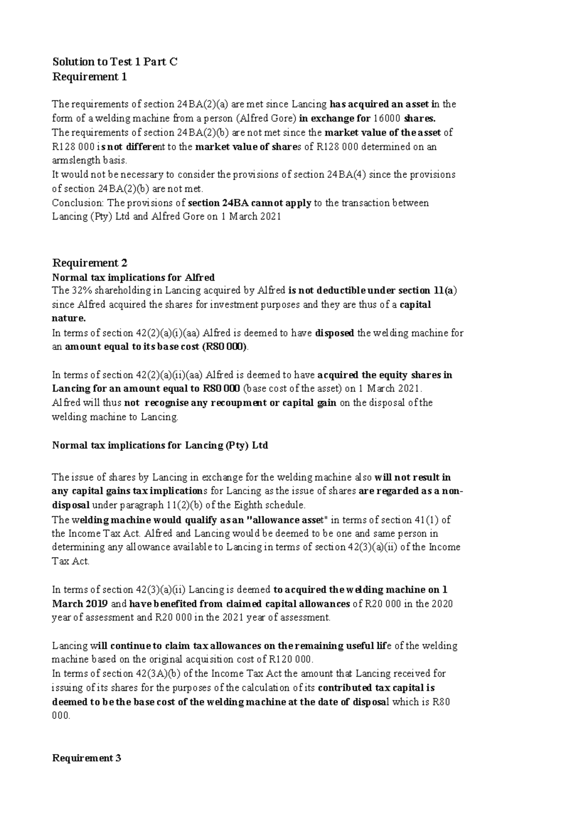 Q1 Sol Part C - past test - Solution to Test 1 Part C Requirement 1 The ...