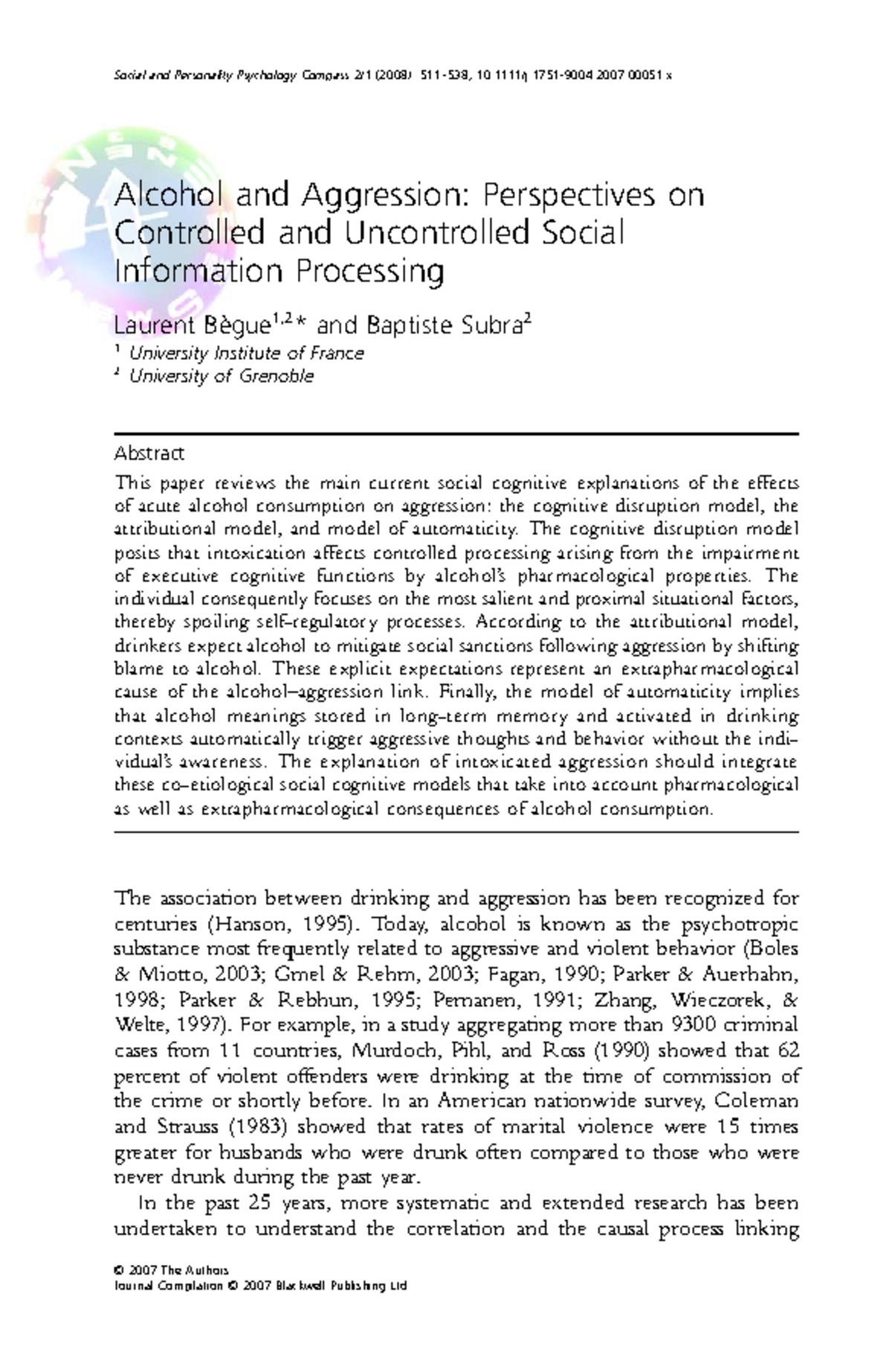 Alcohol and Aggression Perspectives on Controlled and Uncontrolled ...