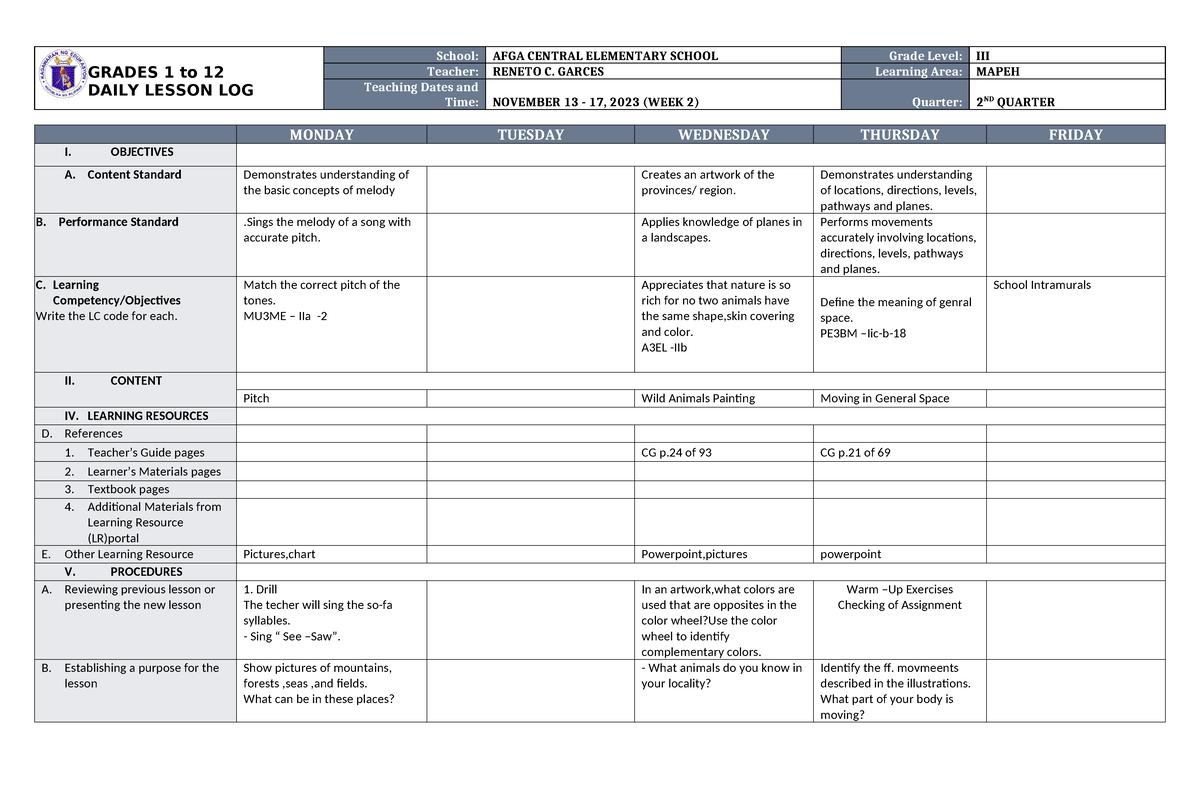 DLL Mapeh 3 Q2 W2 - dll - GRADES 1 to 12 DAILY LESSON LOG School: AFGA ...