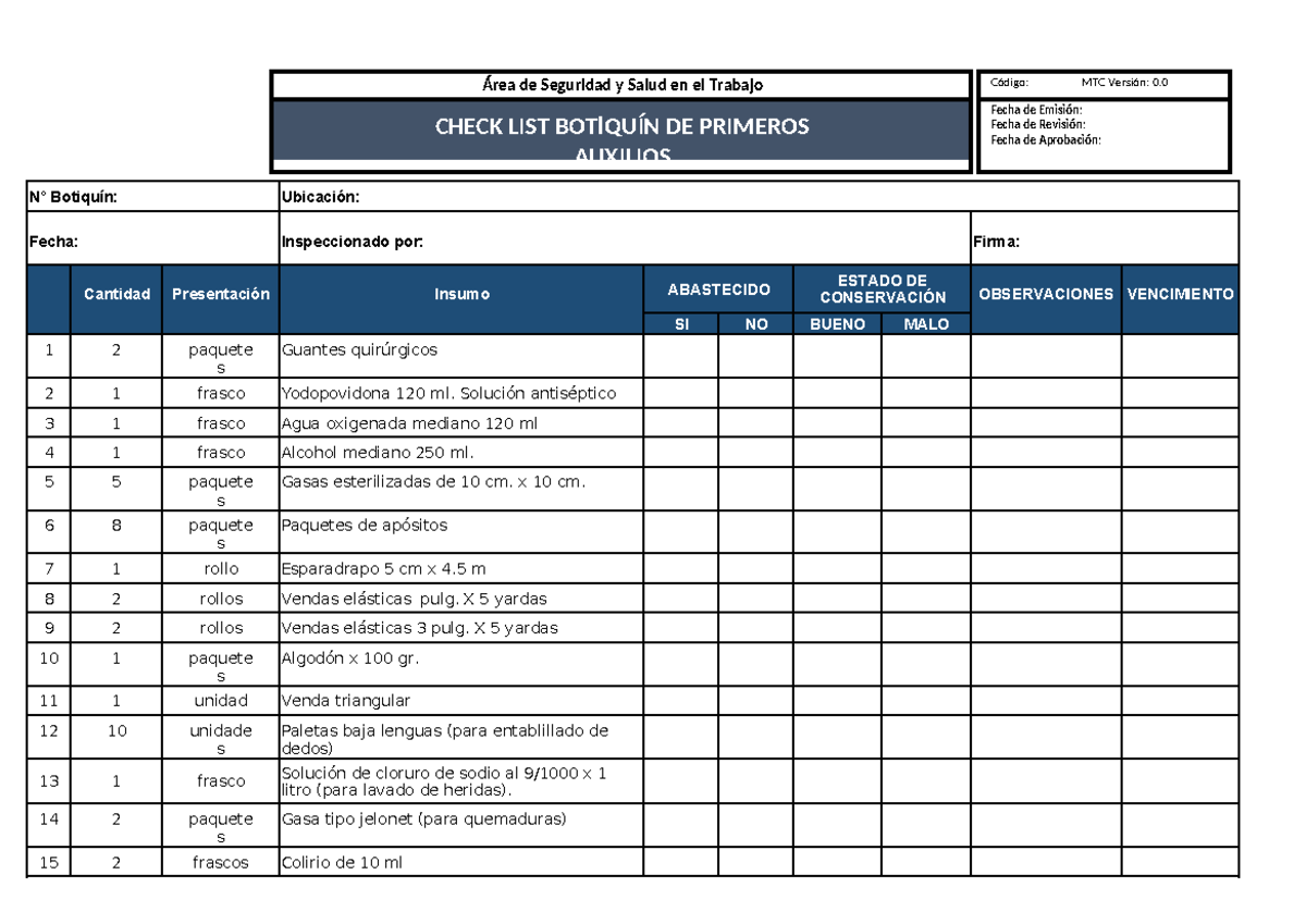 Checklist Botiquin - Área de Seguridad y Salud en el Trabajo Código ...