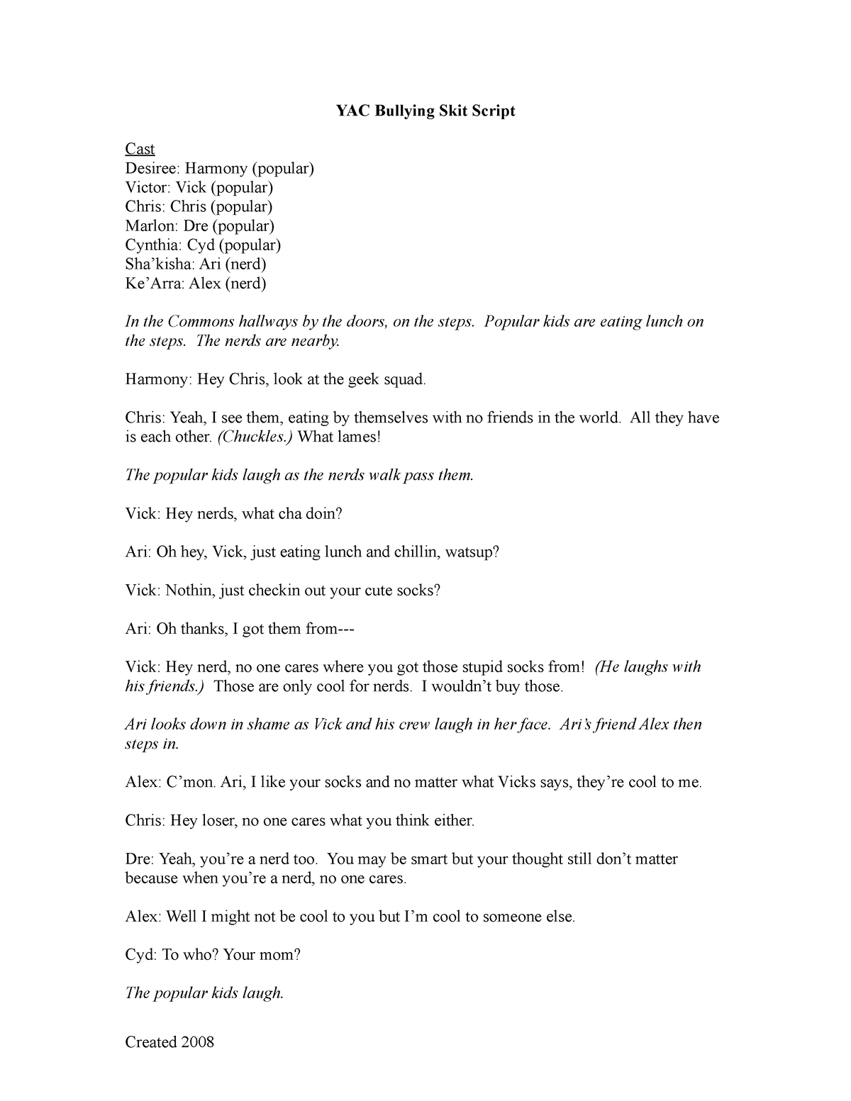 YAC Bullying Skit Script - YAC Bullying Skit Script Cast Desiree ...