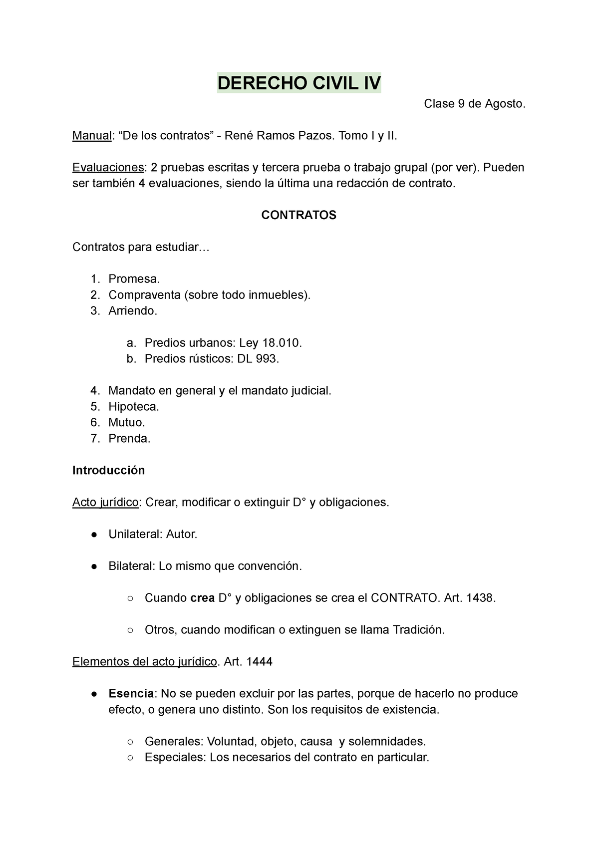 Apuntes Contratos - DERECHO CIVIL IV Clase 9 De Agosto. Manual: “De Los ...