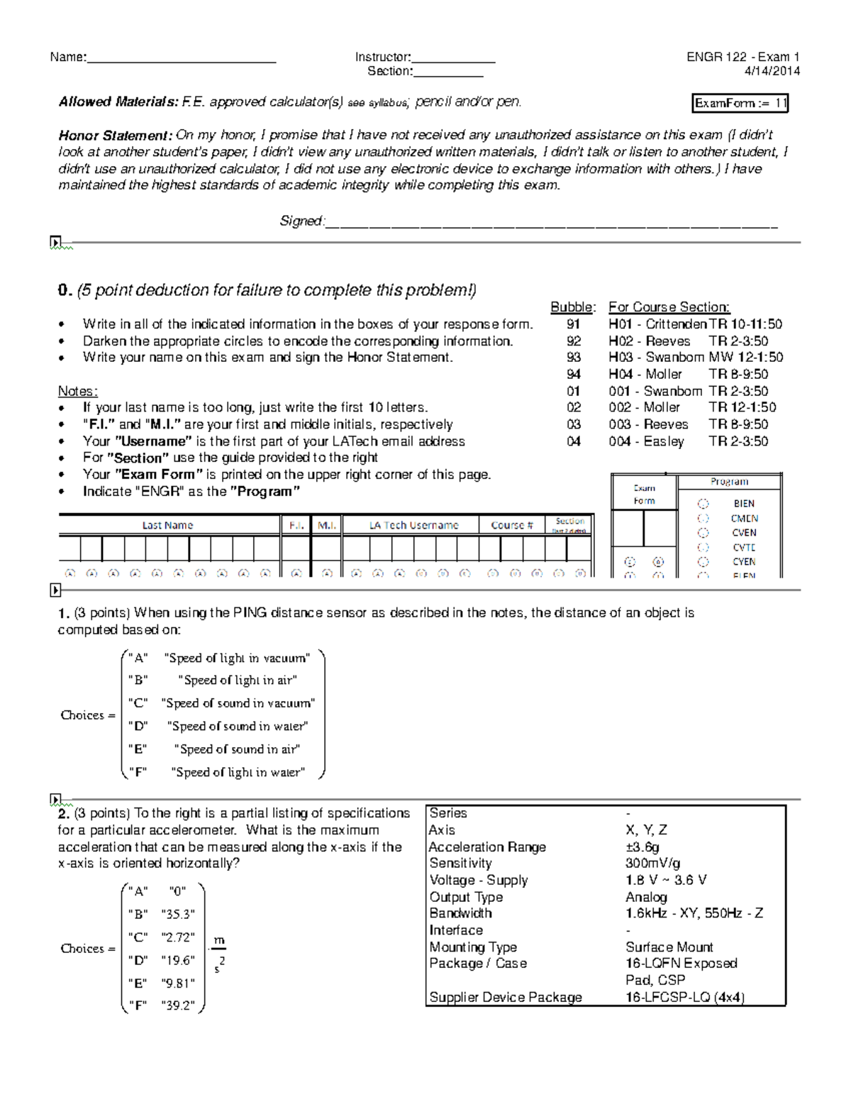 10 exam1 2014 ENGT 122- no solution - Name ...