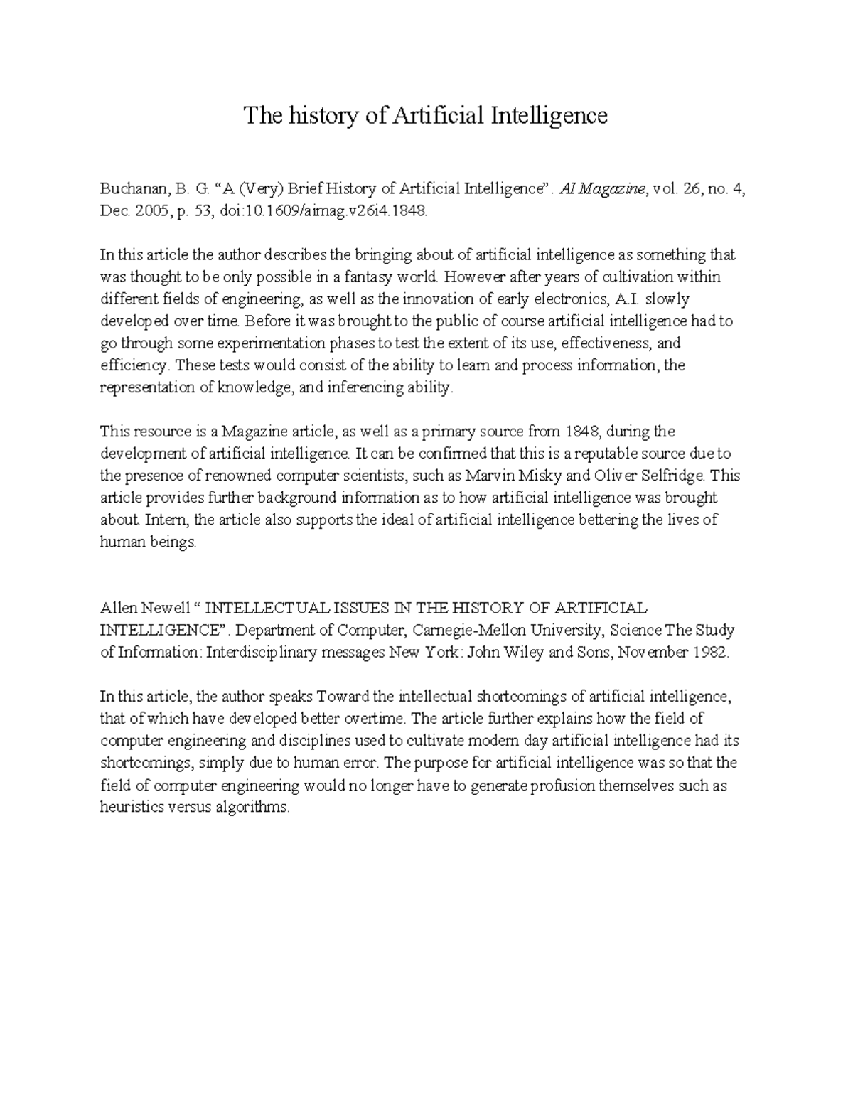 Annotated Sources coursework. The history of Artificial