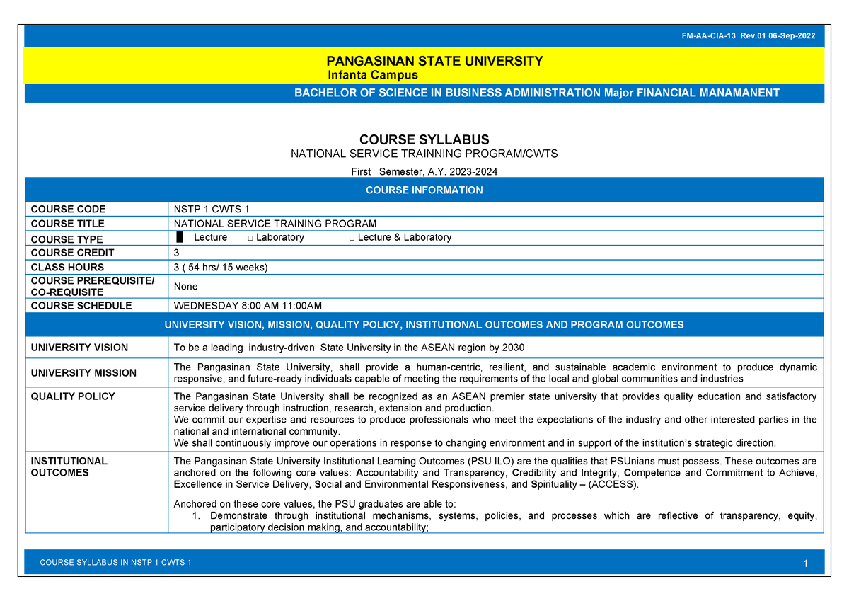 BSBA FM Syllabus NSTP 1 CWTS 1-1 - COURSE SYLLABUS IN NSTP 1 CWTS 1 ...