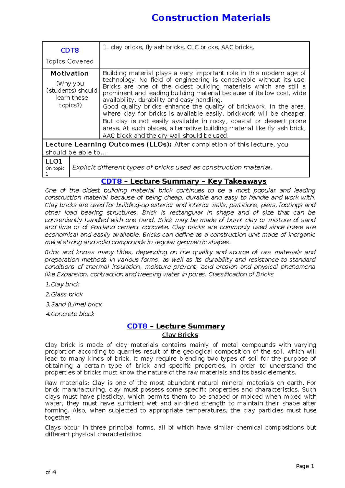 22-23 CM CDT8 Summary 3CE1 - CDT Topics Covered 1. clay bricks, fly ash ...