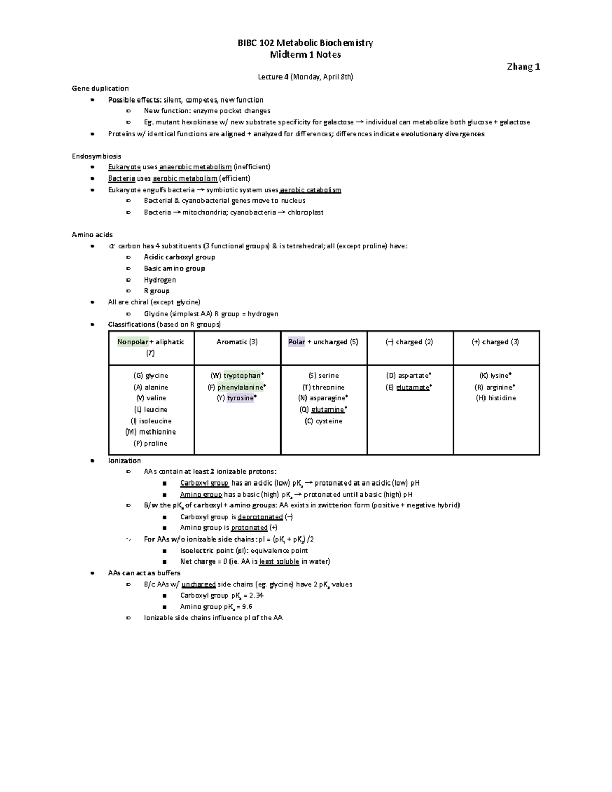 BIBC 102 Midterm 1 Notes - Midterm 1 Notes Zhang 1 Lecture 4 (Monday ...