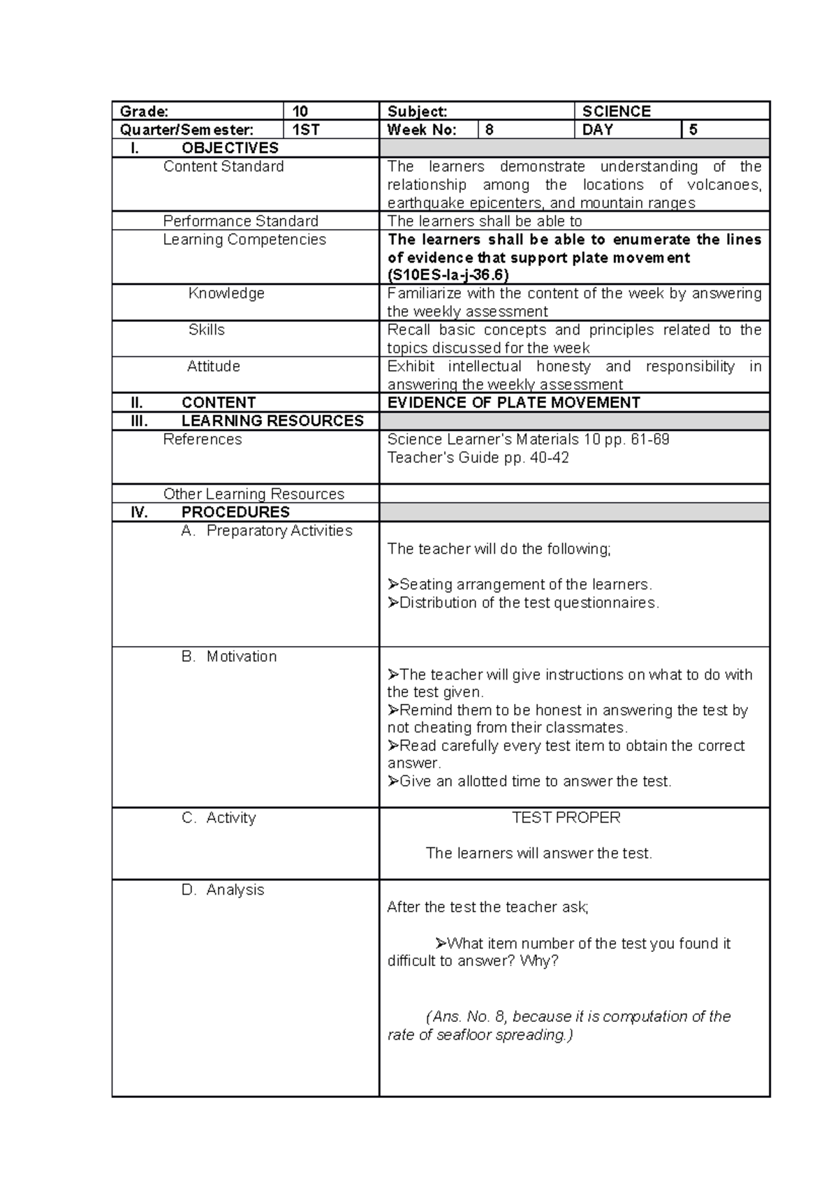 G10 1QTR WEEK8 DAY5 Lariosa - Grade: 10 Subject: SCIENCE Quarter ...