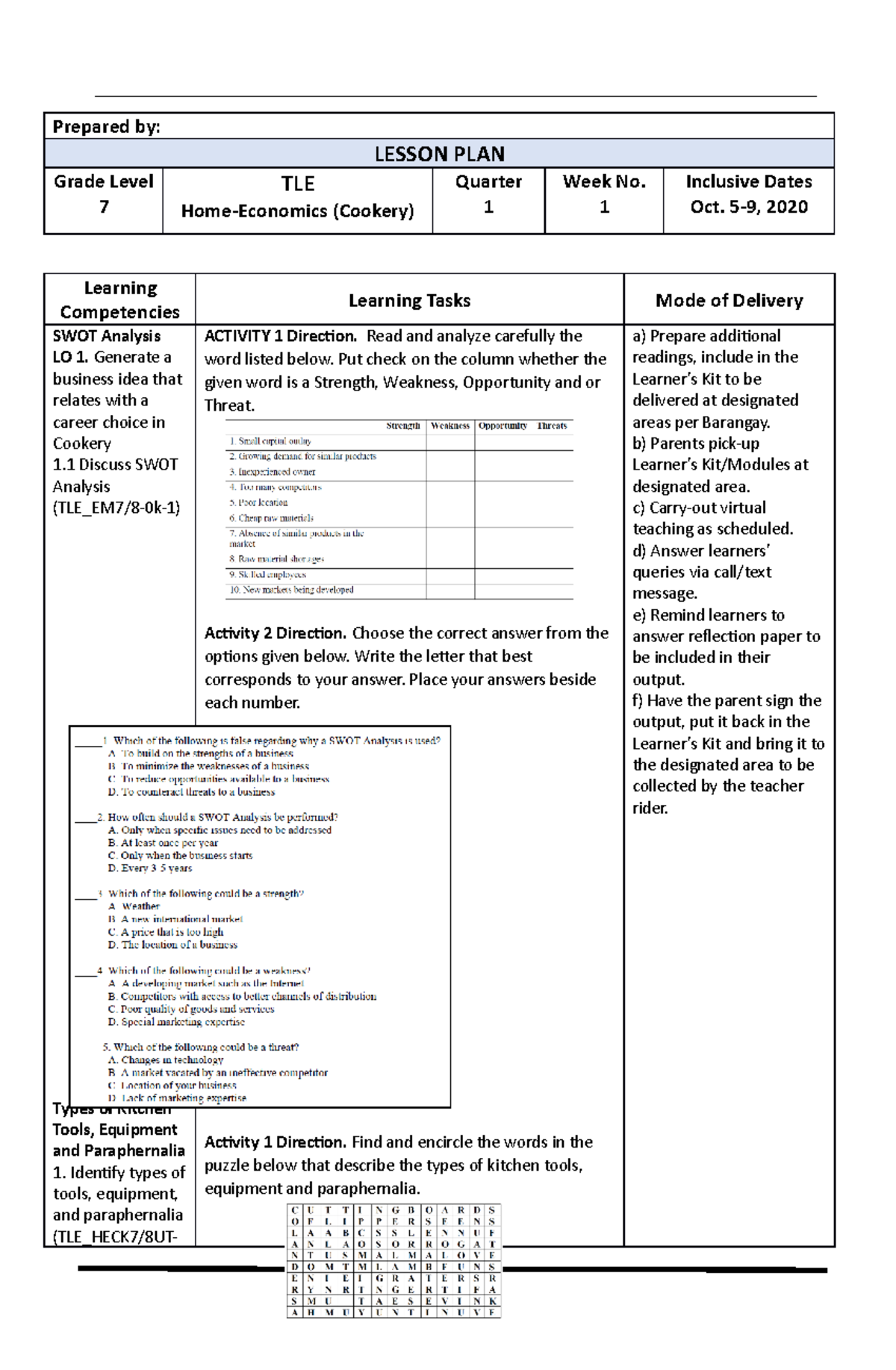 WEEK 1 October 5-9, 2020 WHLP - Prepared by: LESSON PLAN Grade Level 7 ...