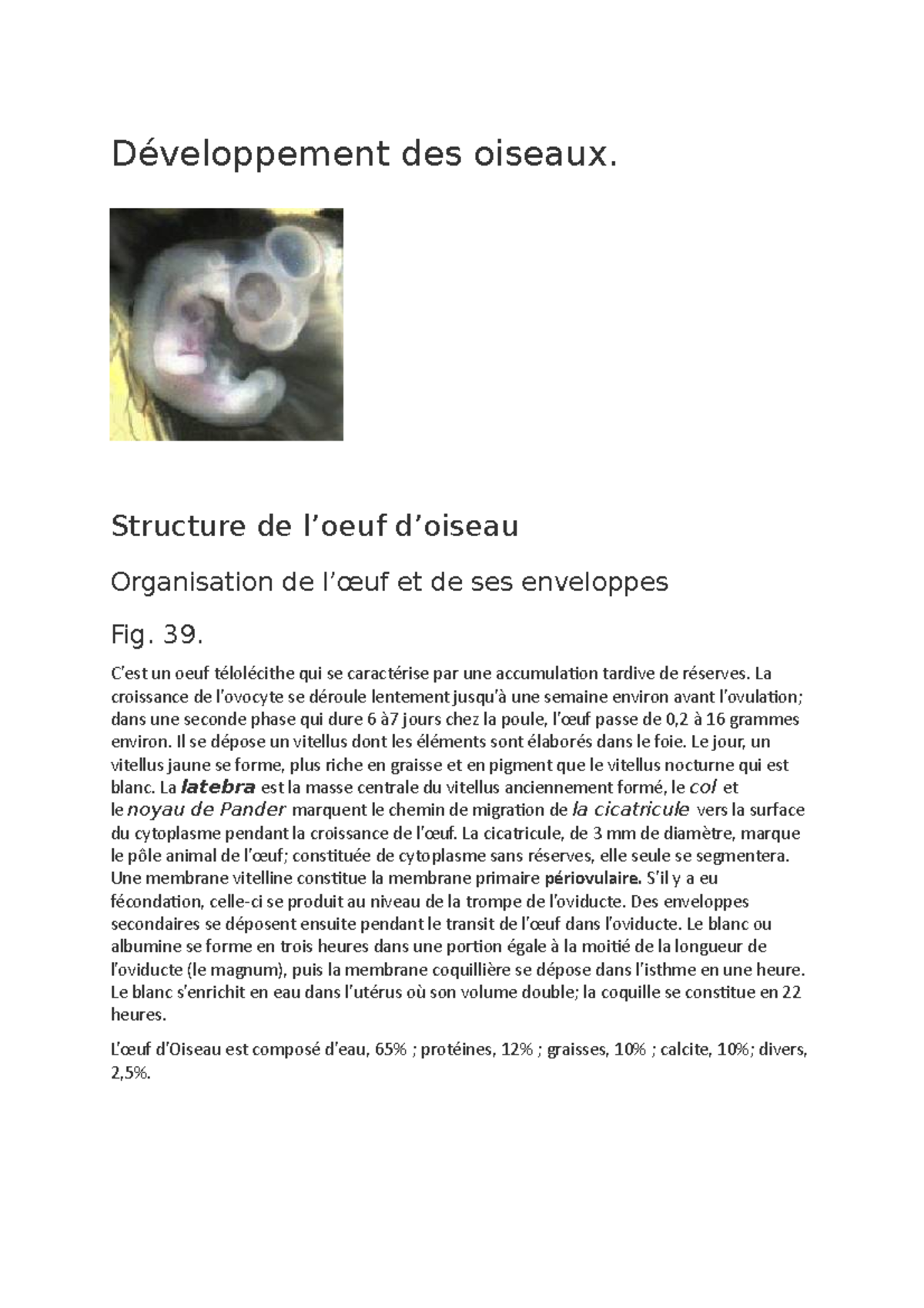 Developpement Embryonnaire Des Oiseaux Cas Du Poulet Revisions DVT Oiseaux - Résumé Biologie du developpement animal -  Développement des oiseaux. - Studocu