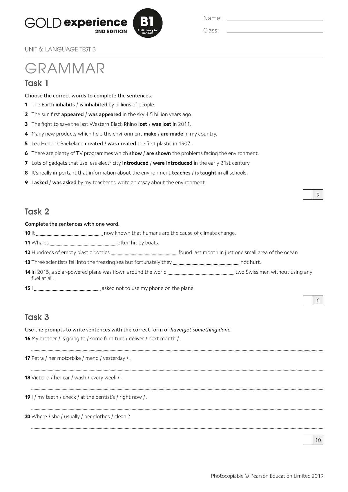 Gold Exp B1 U6 Lang Test B - GRAMMAR Task 1 Choose the correct words to ...