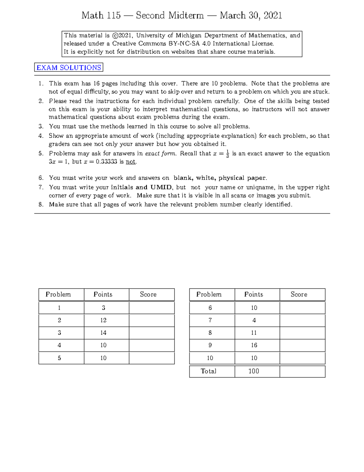 University of Michigan MATH 115 Past Tests 2021 - Math 115 — Second ...