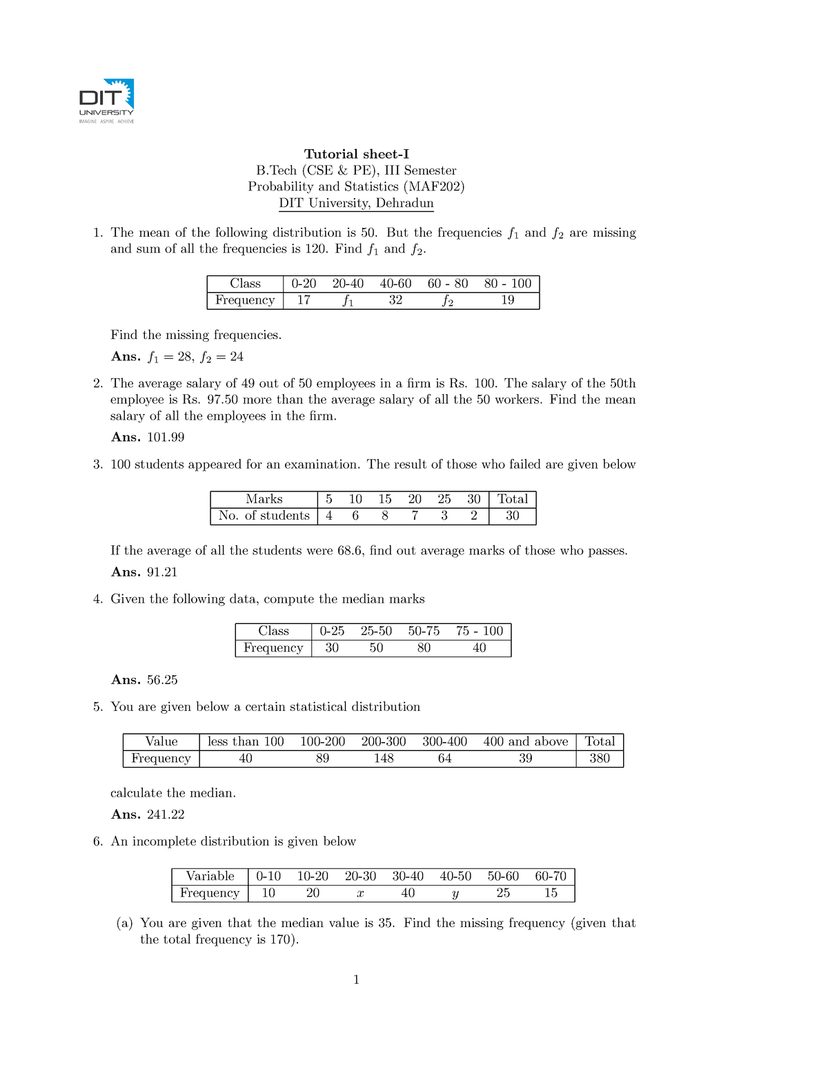 TUT-I-1 - Probability - Tutorial Sheet-I B (CSE & PE), III Semester ...