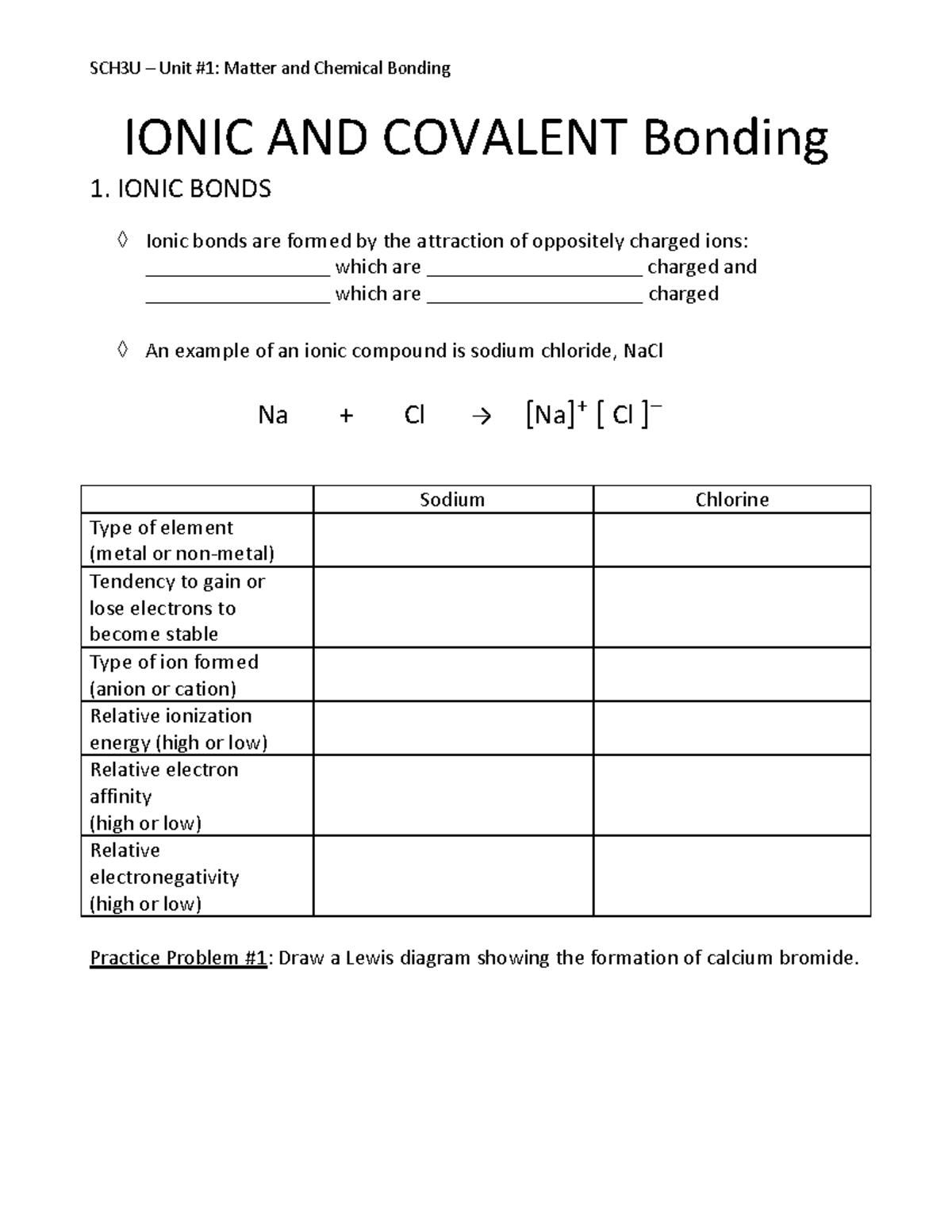 7. Ionic and Covalent Bonding Student Handout - SCH3U – Unit #1: Matter ...